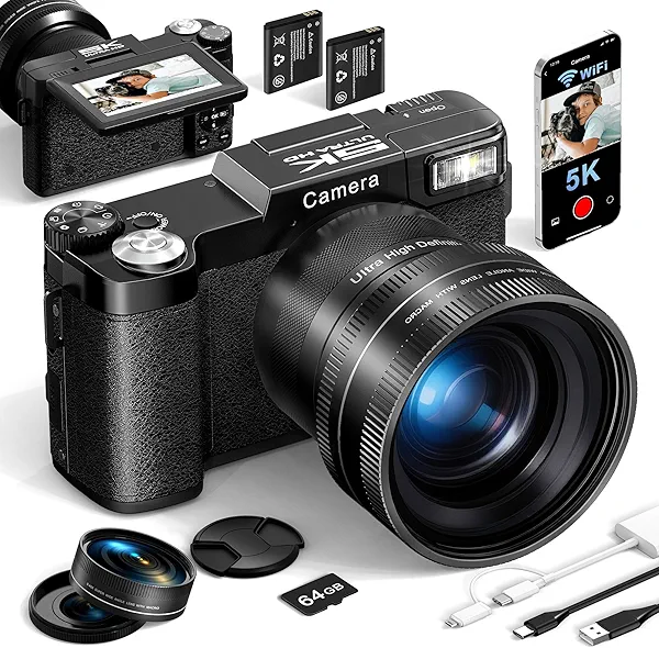 FLATIC Digital Camera with WiFi, 5K 64MP Cameras for Photography with 180° Flip Screen for YouTube, 18X Zoom Autofoucs Vlogging Camera with 64GB Card, Wide & Macro Lens, 2 Batteries, Card Reader