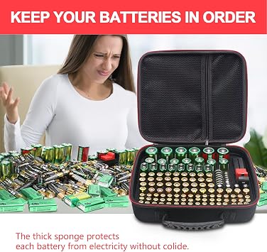 BT168 Battery Storage Case with Tester - Organizer Holds 126 Batteries Various Sizes AAA AA C D 9V Lithium 3V, Hard Case