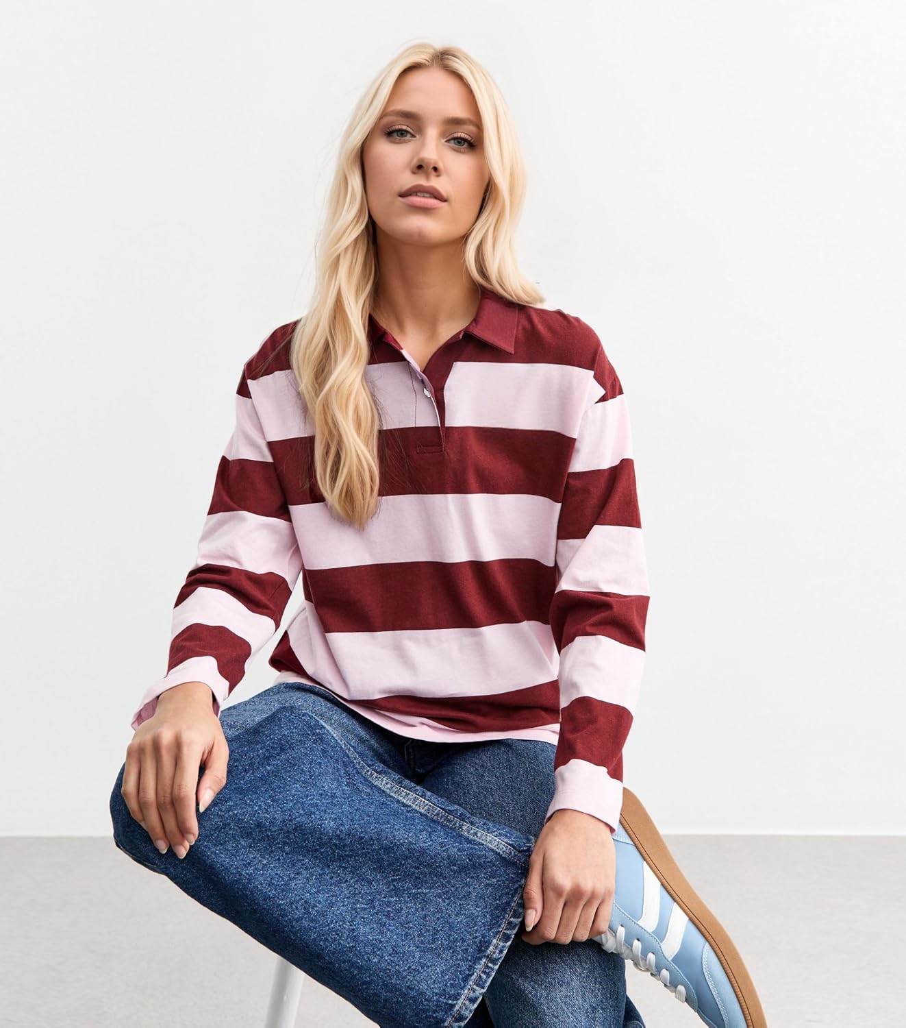 Eutten Women’s Striped Rugby Shirt Long Sleeve Color Block Polo Shirts Lapel Button Collar V Neck Casual Blouse Tops Red Pink