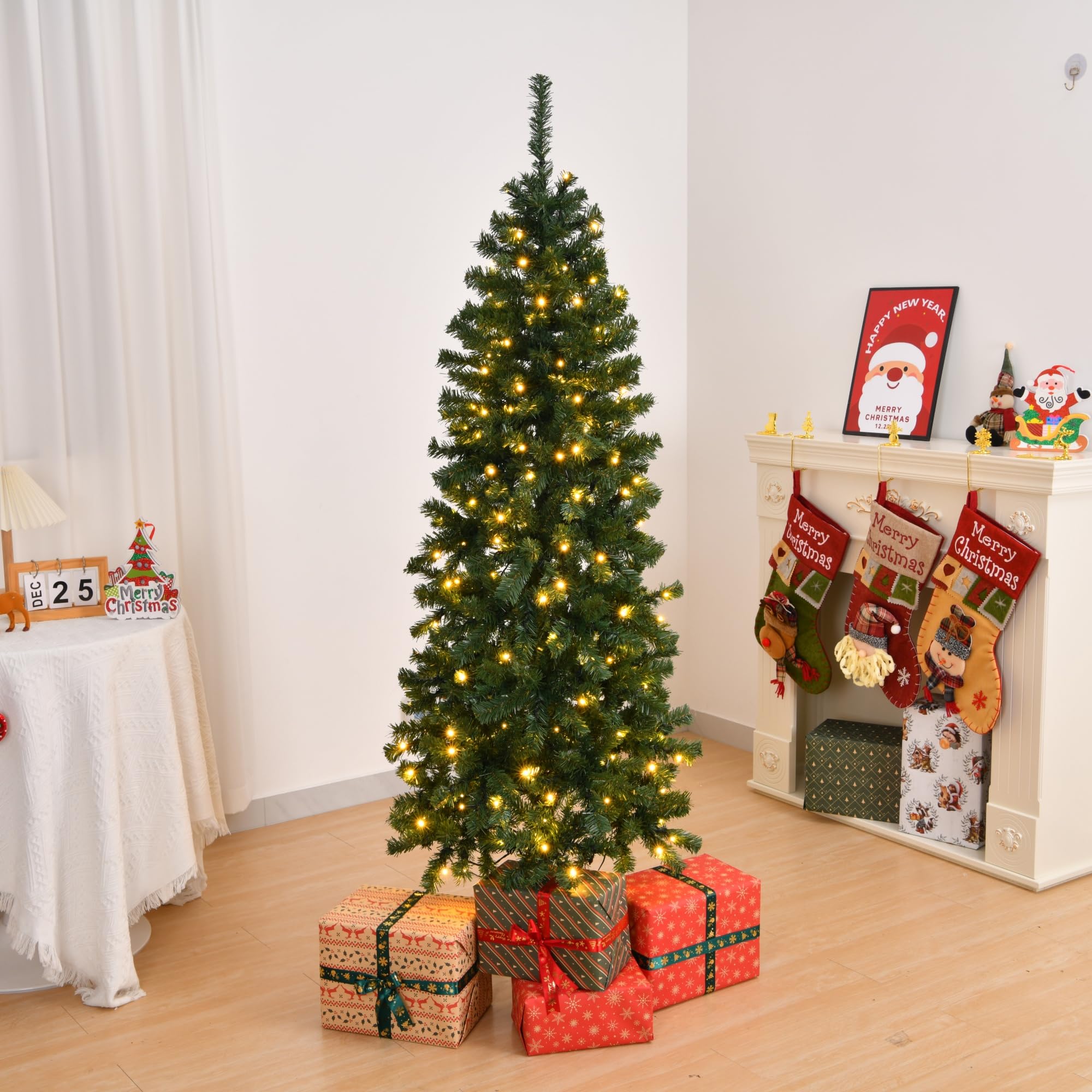 Bonnlo 6ft/1.8m Green Pre Lit Artificial Slim Christmas Tree with 210 Warm White Lights, 400 PVC Tips, 8 Lighting Modes, Metal Stand for Holiday Home Decor