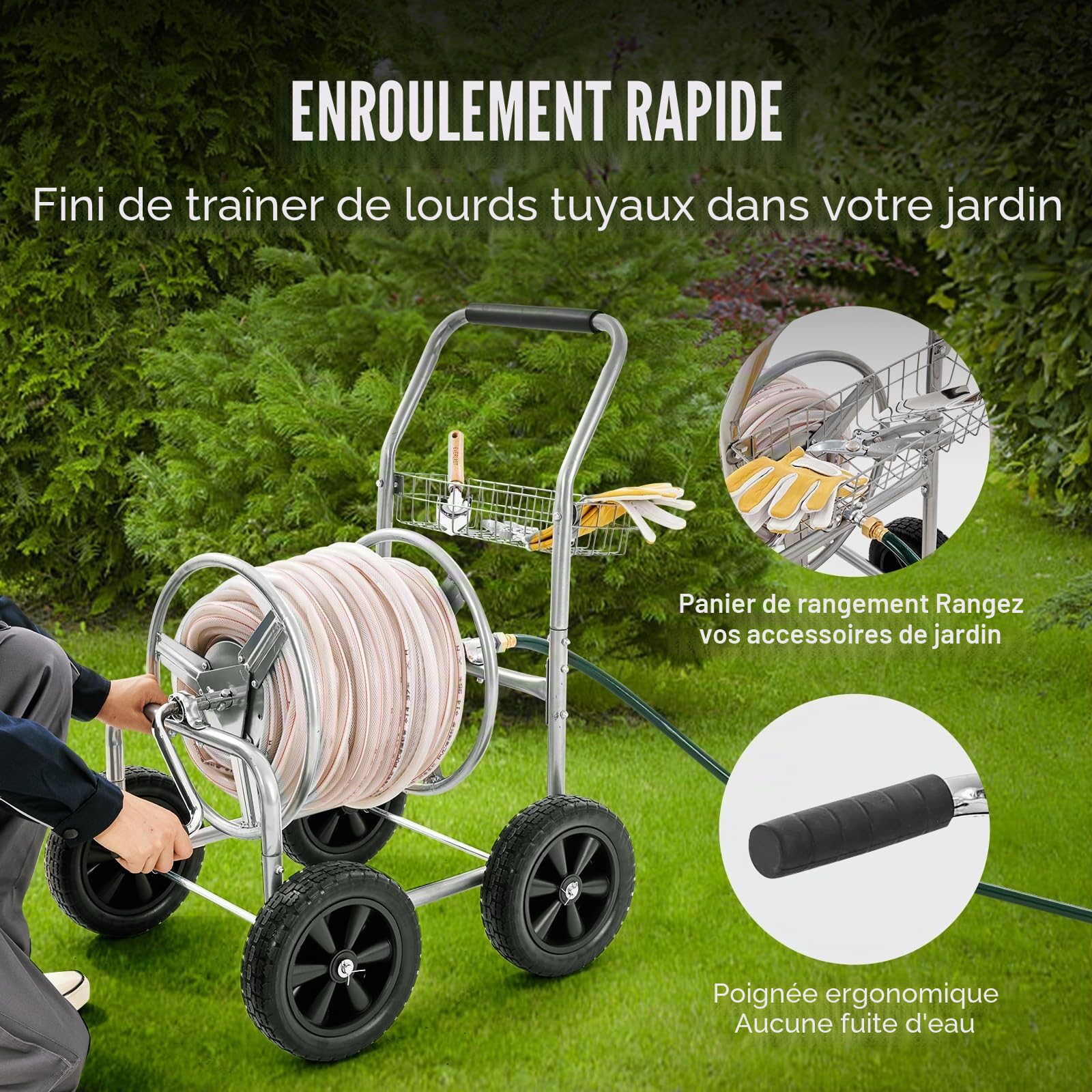 VEVOR Chariot enrouleur de tuyau, capacité du tuyau d'eau 1,5 cm et 76 m, outils mobiles avec 4 roues, plantation extérieure acier revêtement en poudre panier de rangement, pour jardin, cour, pelouse