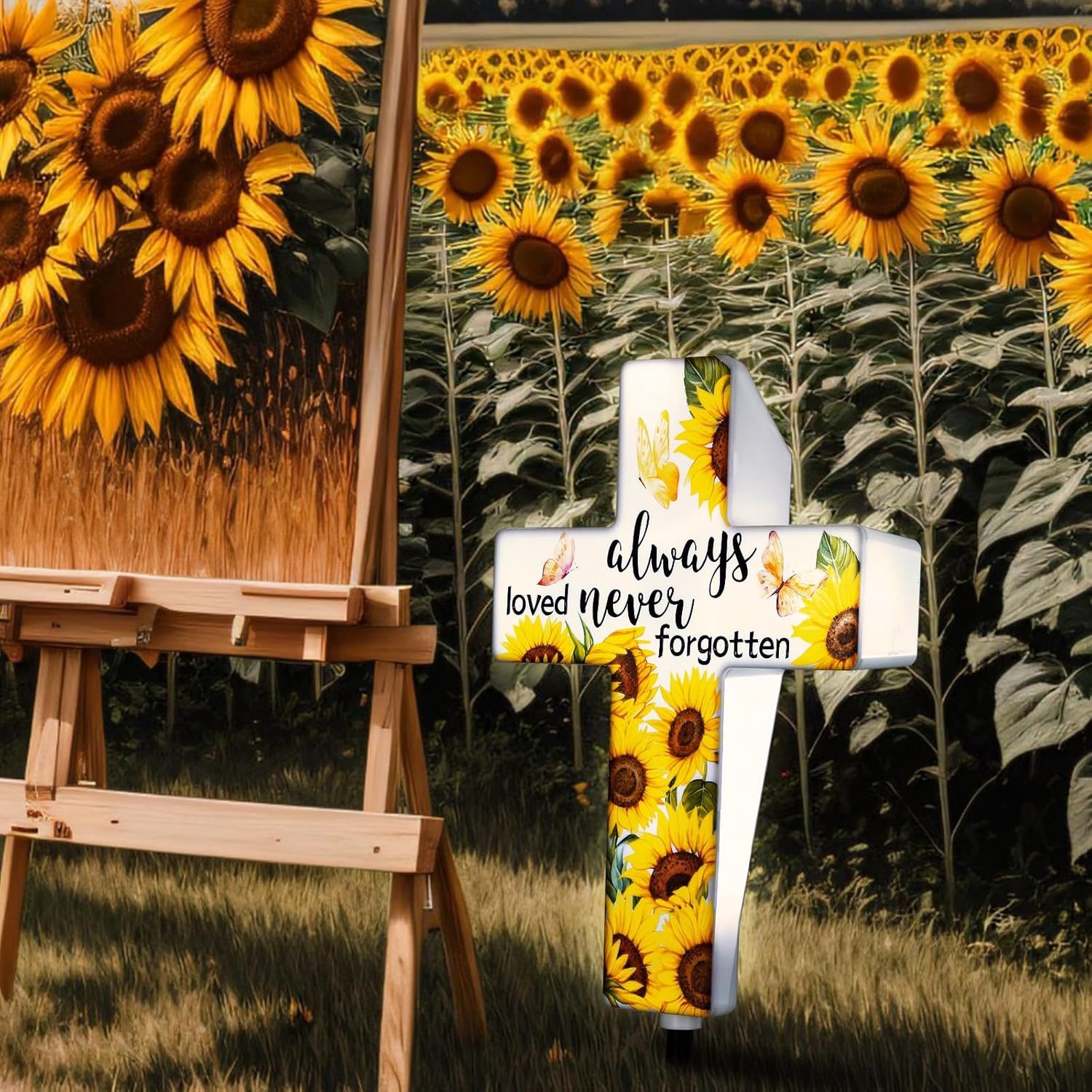 VIHOSE Sunflower Solar Lighted Cross Always Loved Never Forgotten Outdoor Sunflower Solar Decoration Memorial Light up Cross Stake for Home Outside Church Cemetery Garden Yard Porch Lawn Decor