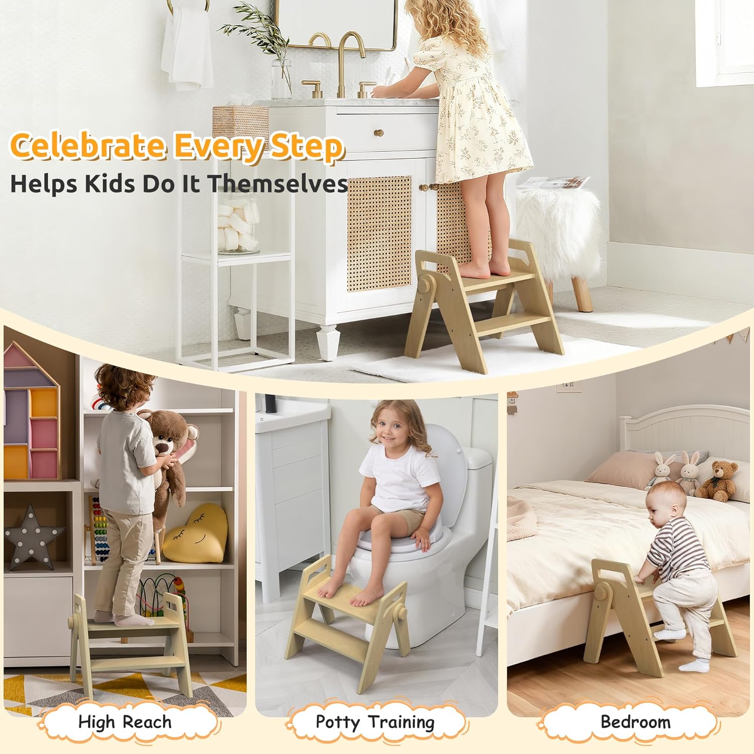 Wooden 2 Step Stool for Kids Bathroom Foldable 2-Step for Toilet Potty Training, Child Stepping Stool for Kitchen Nursery Bedroom - Image 2
