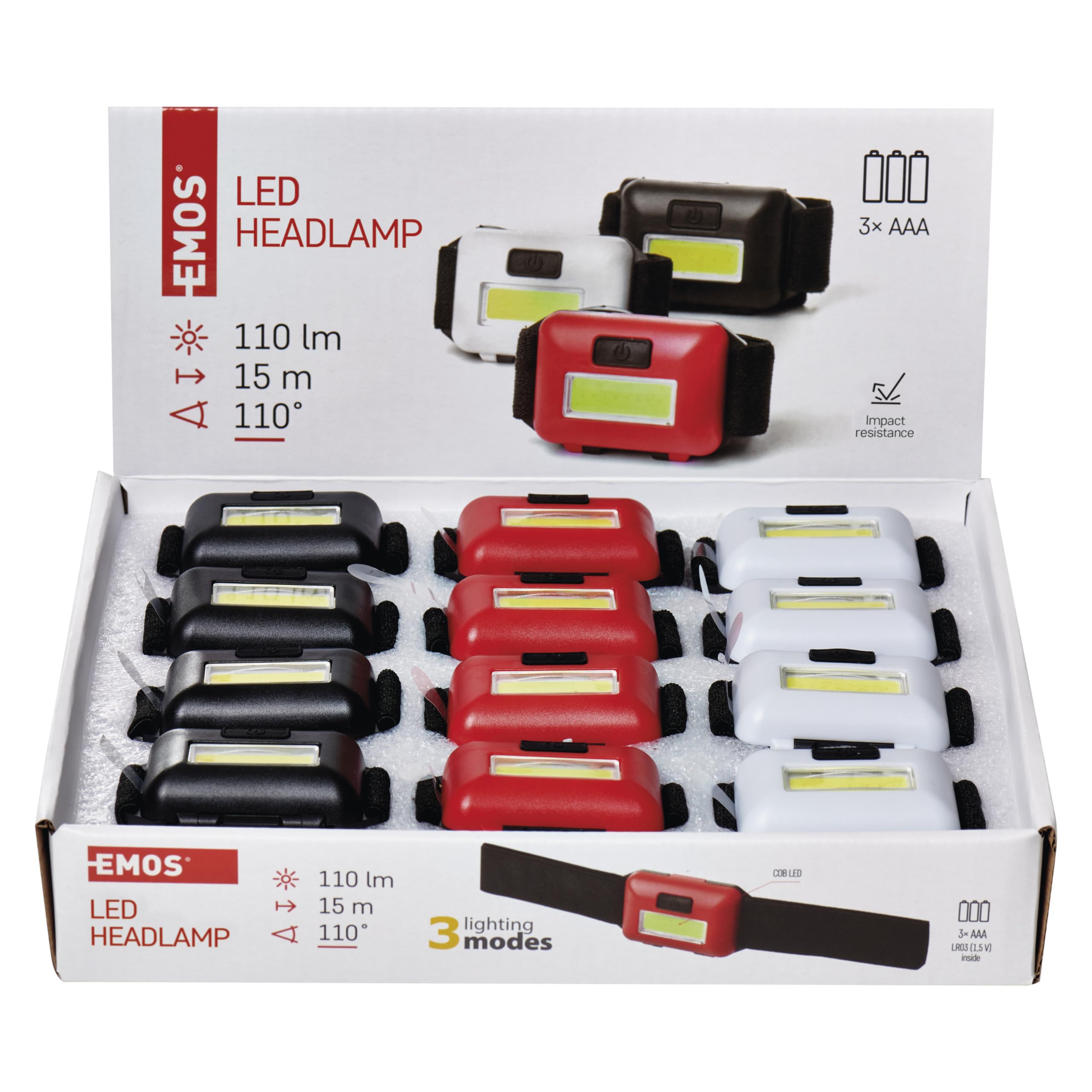 EMOS Mini Led Hoofdlamp, 12 Stuks, Gezinsmultipack, Ideaal Voor Kinderen 40 Stuks Lichtduur Cob Hoofdlamp Met Helderheid 110lm 15m Lichtbereik En 3 Lichtmodi Werkt Op Batterijen 2516899294