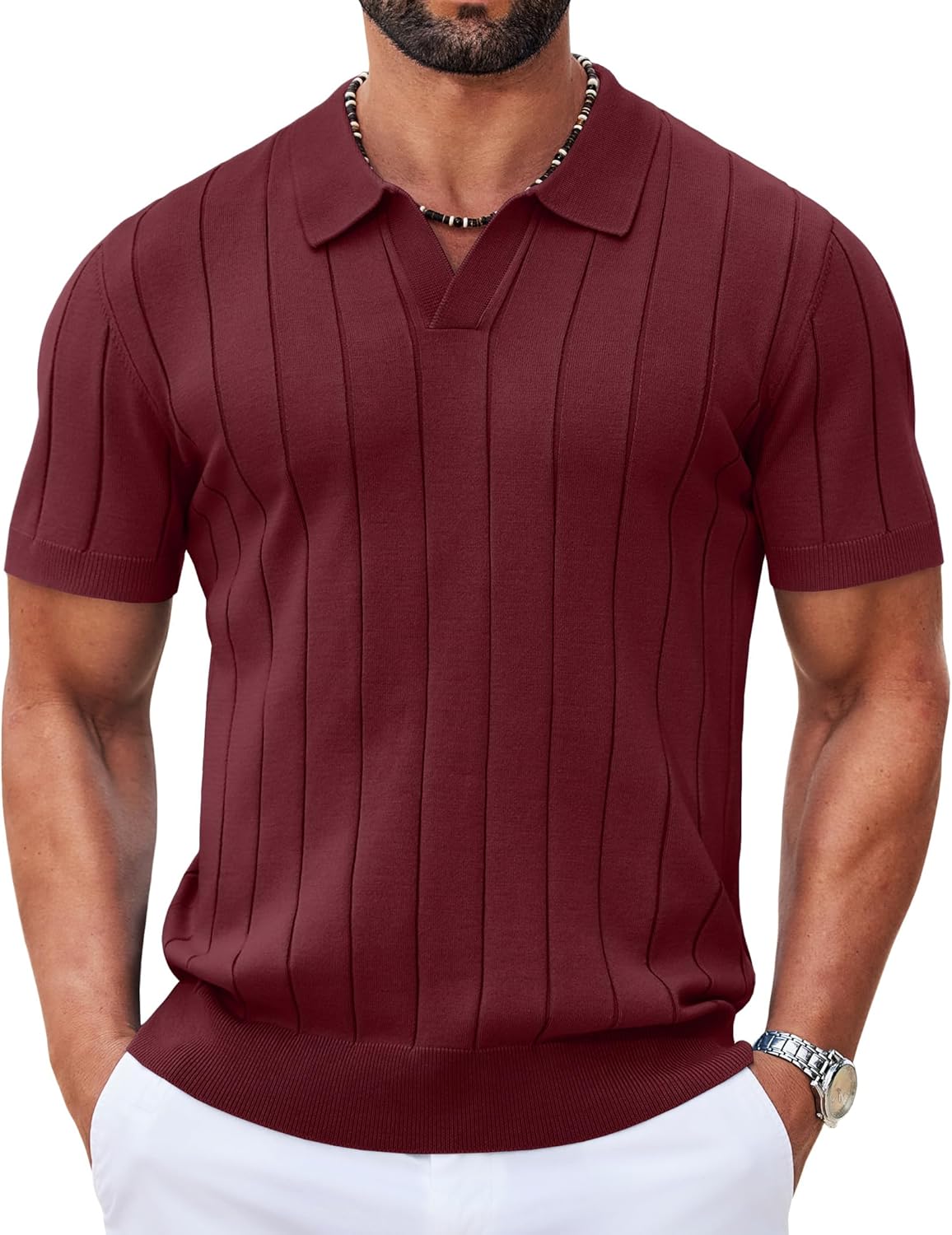 COOFANDY Mens Polo Shirts Short Sleeve V Neck Knit Shirts for Men Casual Old Money Clothes Mens Golf Shirt