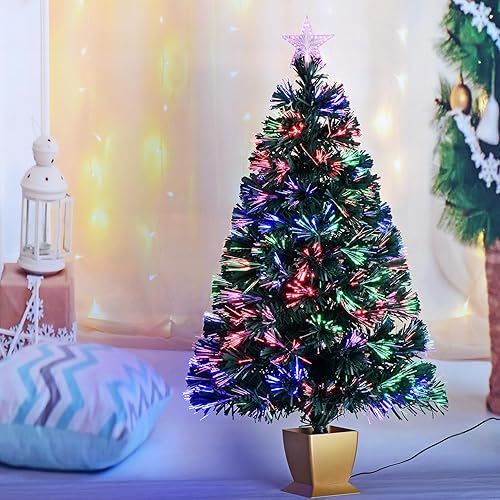 Miniatura 2 de Árbol de Navidad de fibra óptica verde de 3 pies, mini árbol de Navidad artificial preiluminado, árbol de Navidad pequeño de mesa con estrellas,