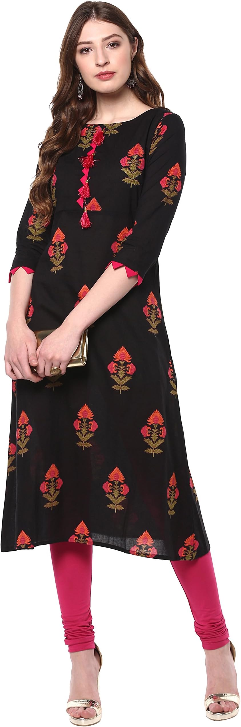 Indian Women's Cotton Black Floral Print Casual Wear Kurta for Women