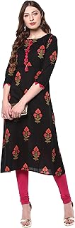 Indian Women's Black Pure Cotton Kurta Kurti Top Tunic Floral Print A-Line Casual wear Kurta for Women - Buy now
