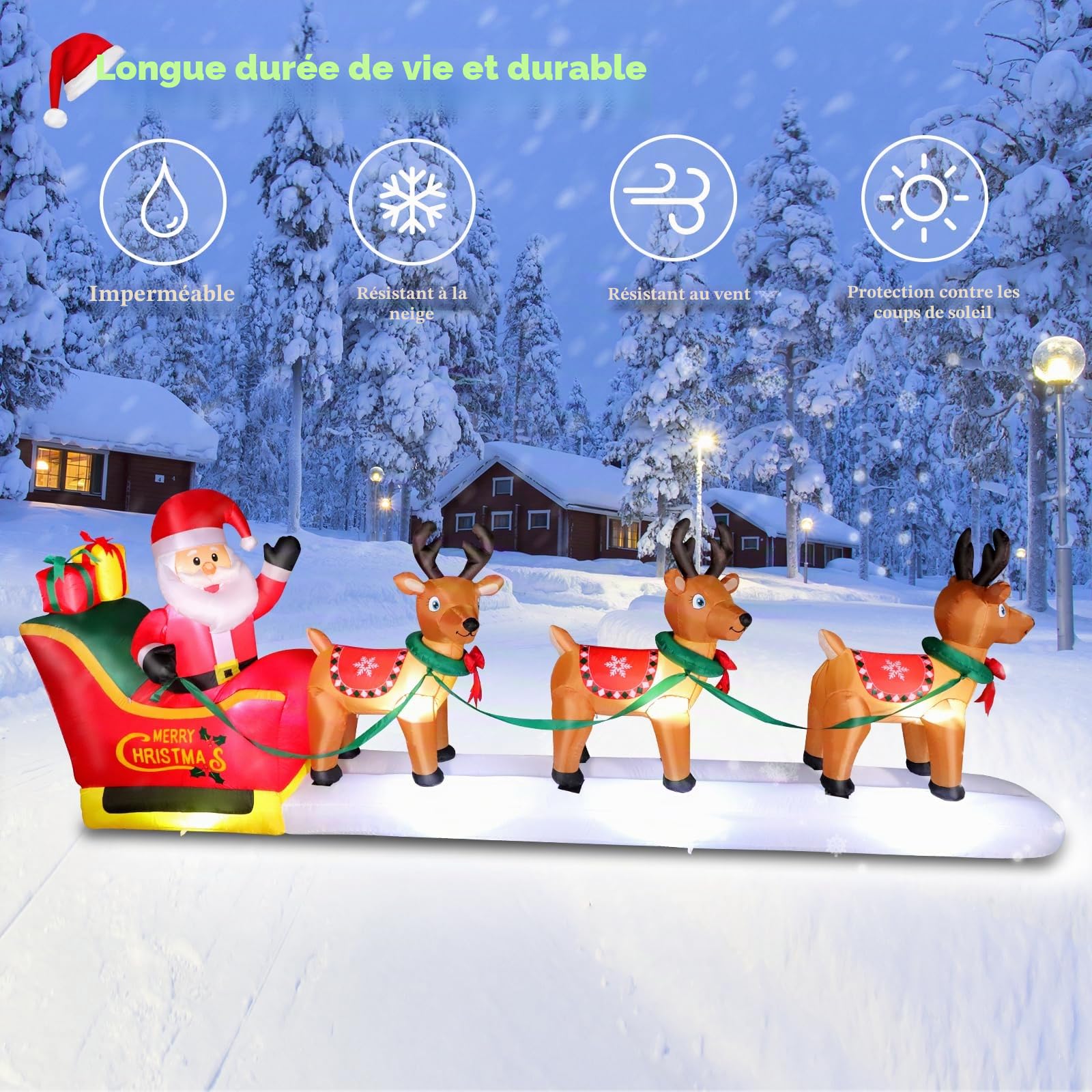 Père Noël Gonflable et Traîneau de Rennes de 3,66 m avec LED, Père Noël XXL et 3 Rennes avec Ventilateur, Décorations de Jardin Gonflables Imperméables pour Terrasse, Jardin, Parc, Centre Commercial