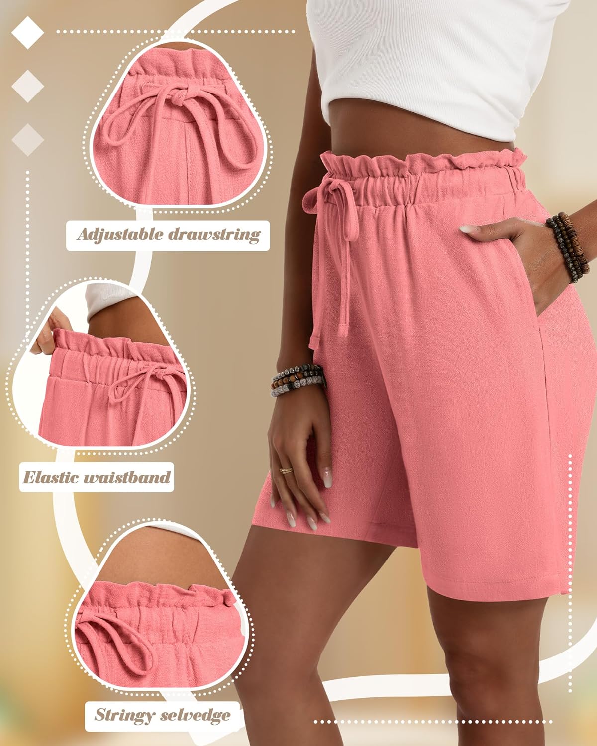 Neer 3 Pack Women's Linen Bermuda Shorts Summer Wide Leg Casual High Waist Drawstring Mid Length Shorts with Pockets - Image 5