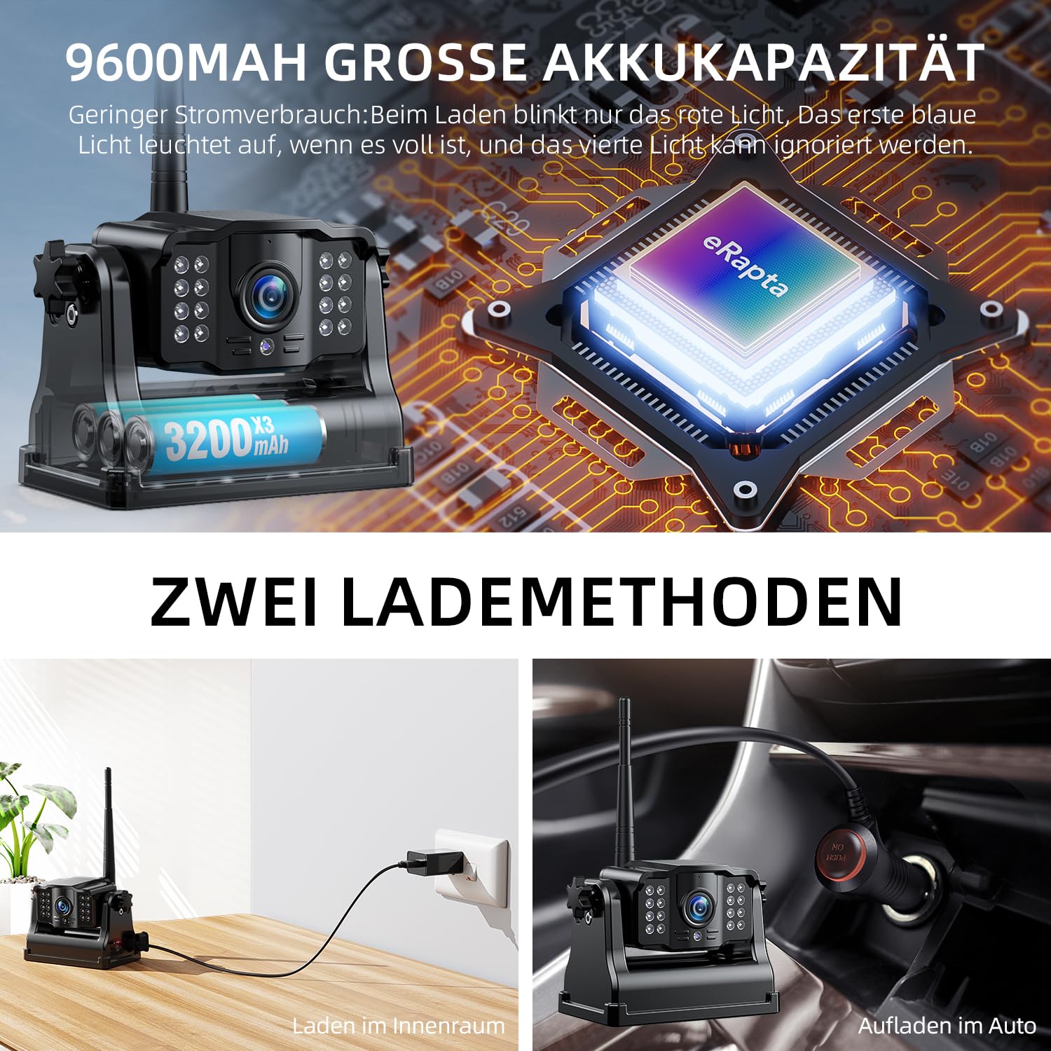 eRapta 5" LCD Kabellos Digital Rückfahrkamera Set, 1080P Monitor, 9600mAh Akku, IP69K Wasserdicht für Auto LKW Van SUV Wohnmobil