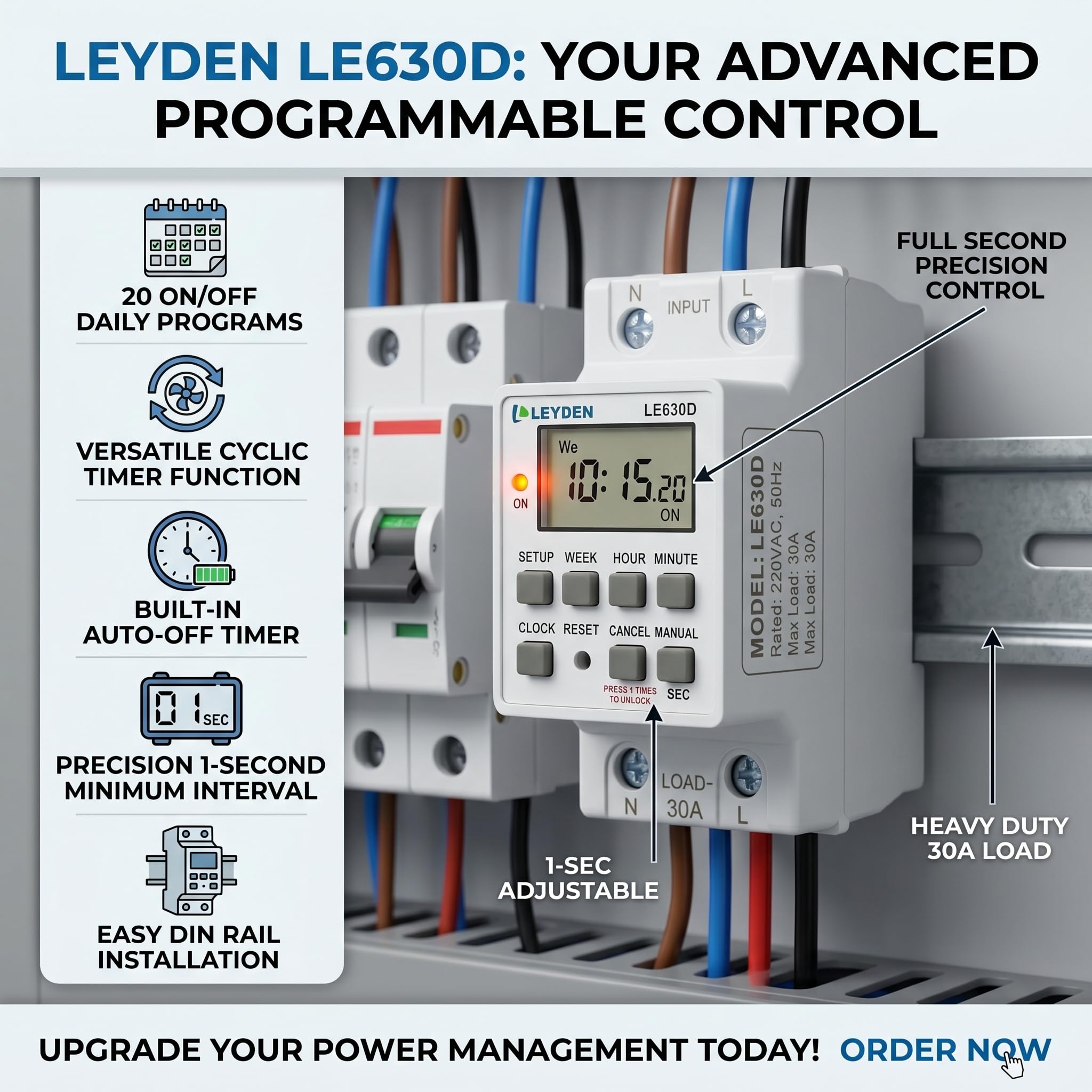LEYDEN® LE630D, 30A 220VAC Digital Timer Switch 20 ON/Off Programs Daily/Weekly, 1-Second Interval Cyclic & Delay Function (1s–24h) for Bell, Siren, Lights, Motors, Fans, Heaters, Irrigation & Fogger — Amazon image 3