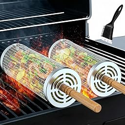 2 Pack Rolling Grill Basket, Removable Wooden Handle, 304 Stainless Steel, Smoker BBQ Accessories for Vegetable Fish Meat, Outdoor Grill Camping Backyard Cooking, Nesting BBQ Tools Birthday Gifts for Men Dad Husband