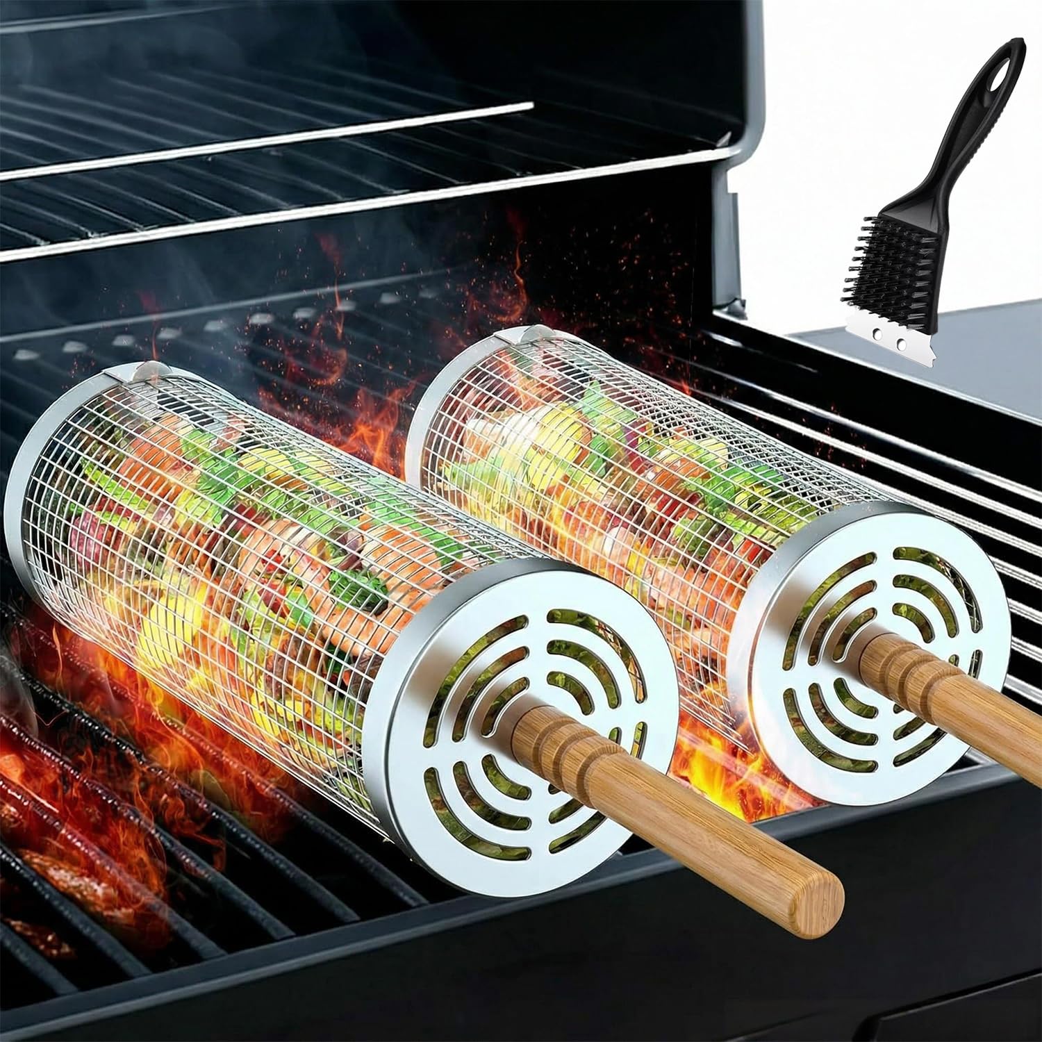 2 Pack Rolling Grill Basket, Removable Wooden Handle, 304 Stainless Steel, Smoker BBQ Accessories for Vegetable Fish Meat, Outdoor Grill Camping Backyard Cooking, Nesting BBQ Tools Birthday Gifts for Men Dad Husband