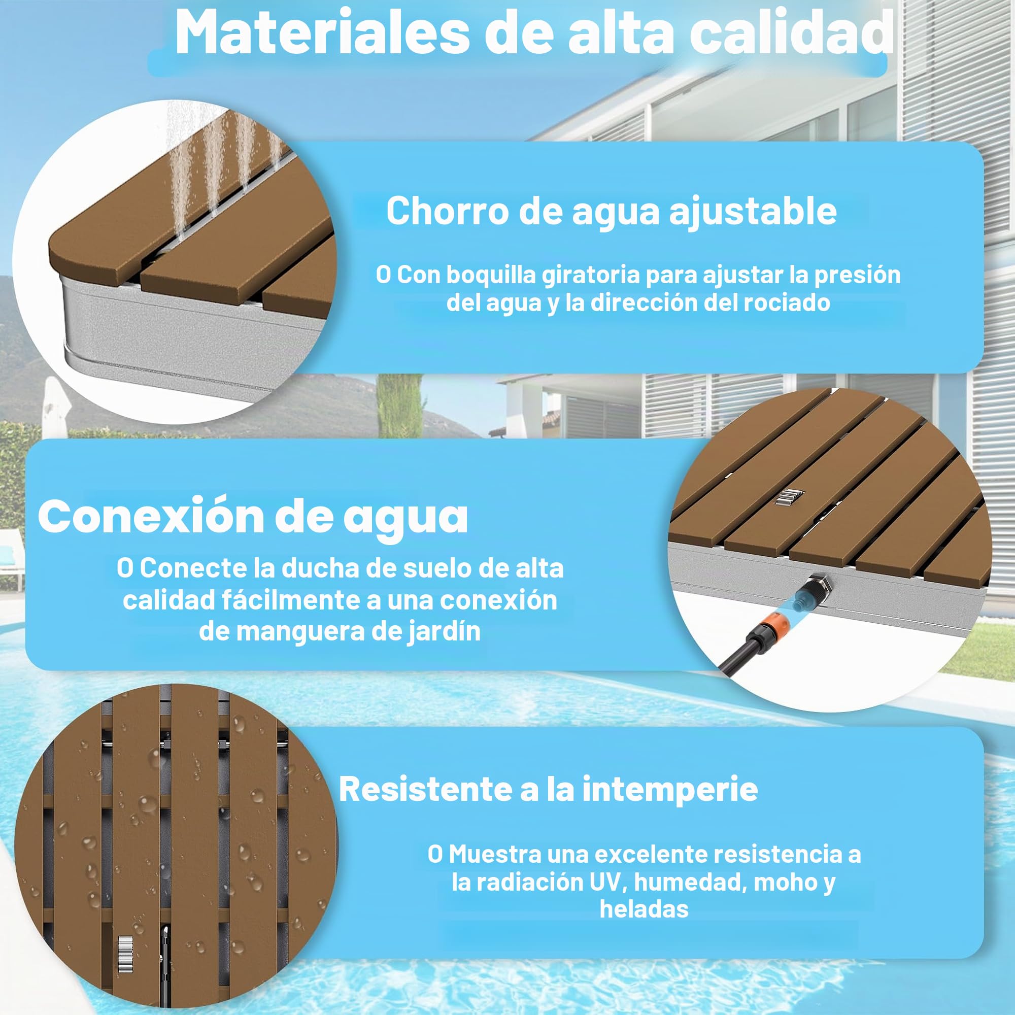 UISEBRT Ducha de jardín exterior de WPC y aluminio, ducha móvil de suelo, ducha solar, ducha de camping, altura de fuente ajustable hasta 4 m, para piscina, jardín, terraza (rectangular, marrón)