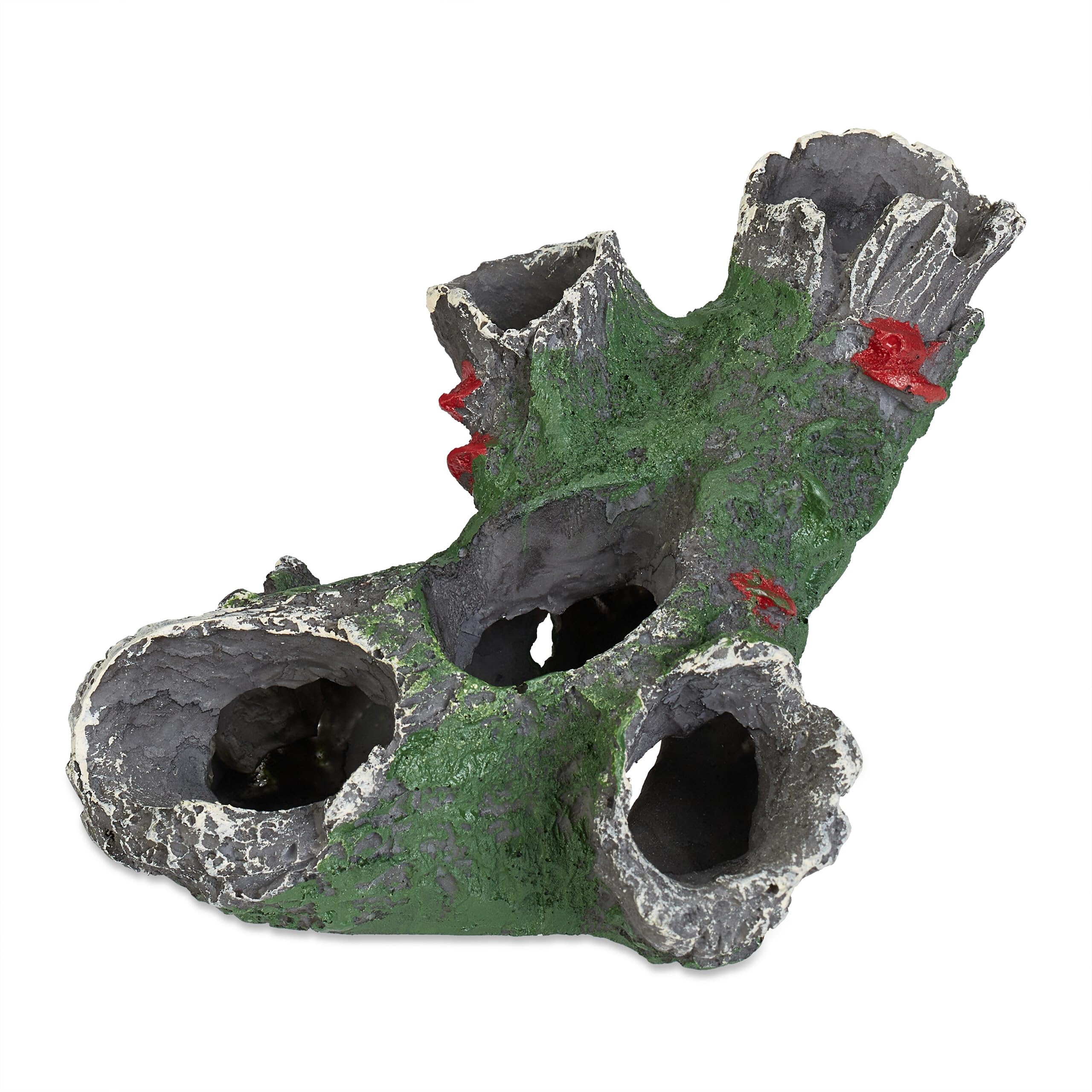 Relaxdays Decoración Acuario, Forma de Tronco, Figura Pecera, Cueva para Peces y Gambas, 6,5 x 15 x 10 cm, Gris y Verde, 100% polirresina