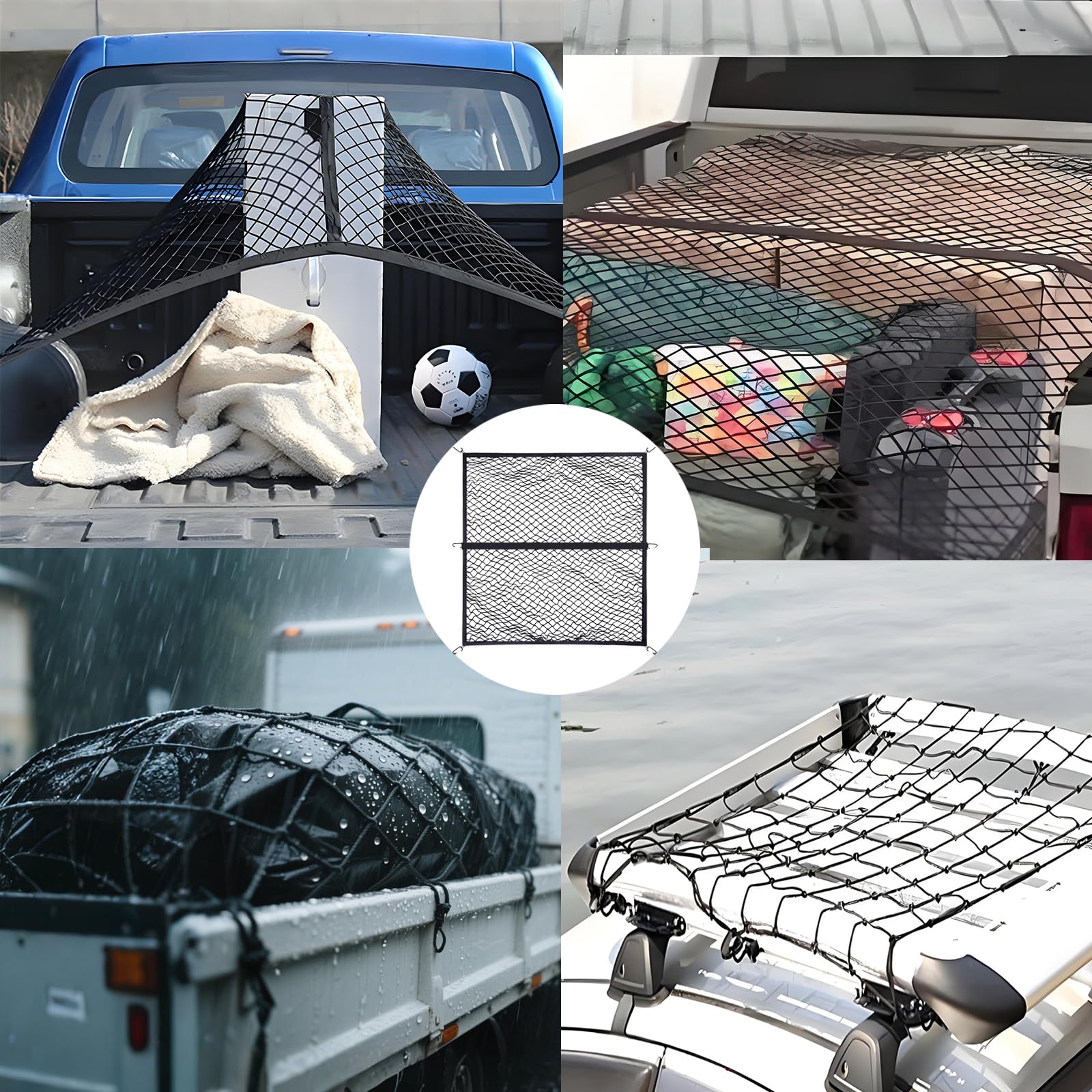 Filet de Chargement Elastique 1.2mx1.2m Filet de Cargaison Filet de Coffre de Voiture Filet de Bagages avec 6 Crochets Organisateur Filet de Rangement Voiture Maille pour Camions, SUV