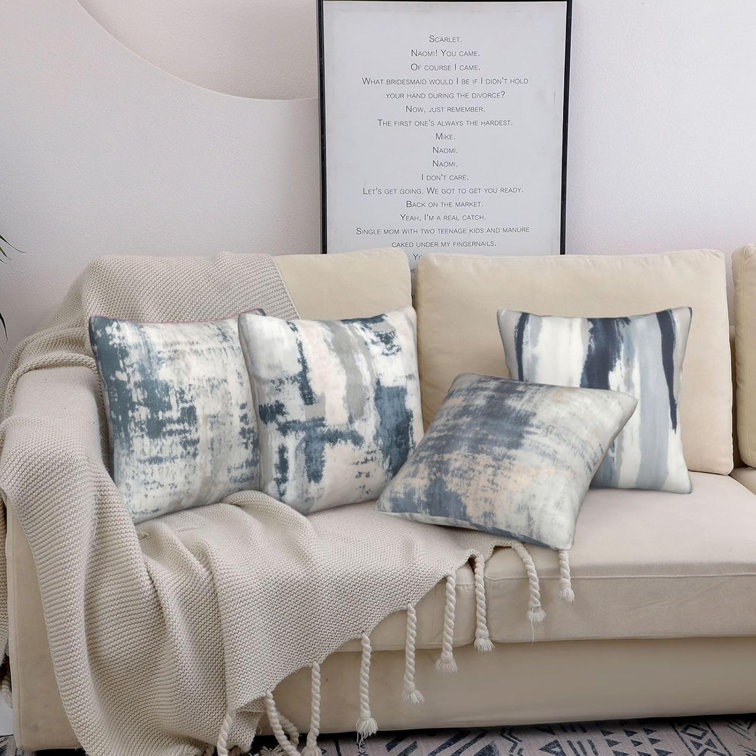 Modern Abstract Throw Pillow Covers 18x18 inch Set of 4 Blue White and Gray Accent Pillow Cases Art Decorative Cushion Covers for Sofa Couch Bedroom