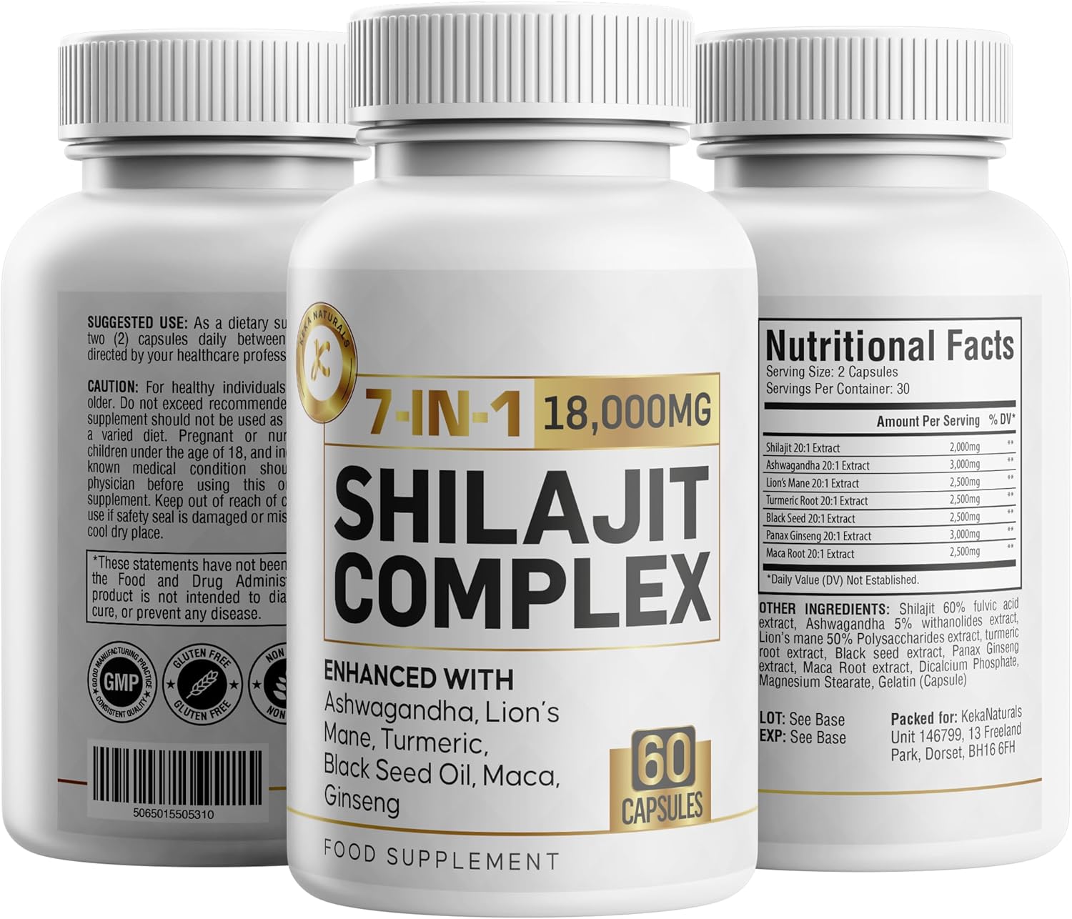 Shilajit 7-in-1 Blend 18,000mg - Ashwagandha, Maca Root, Ginseng, Turmeric, Lion s Mane, Black Seed Oil - High Strength, 60 Capsules