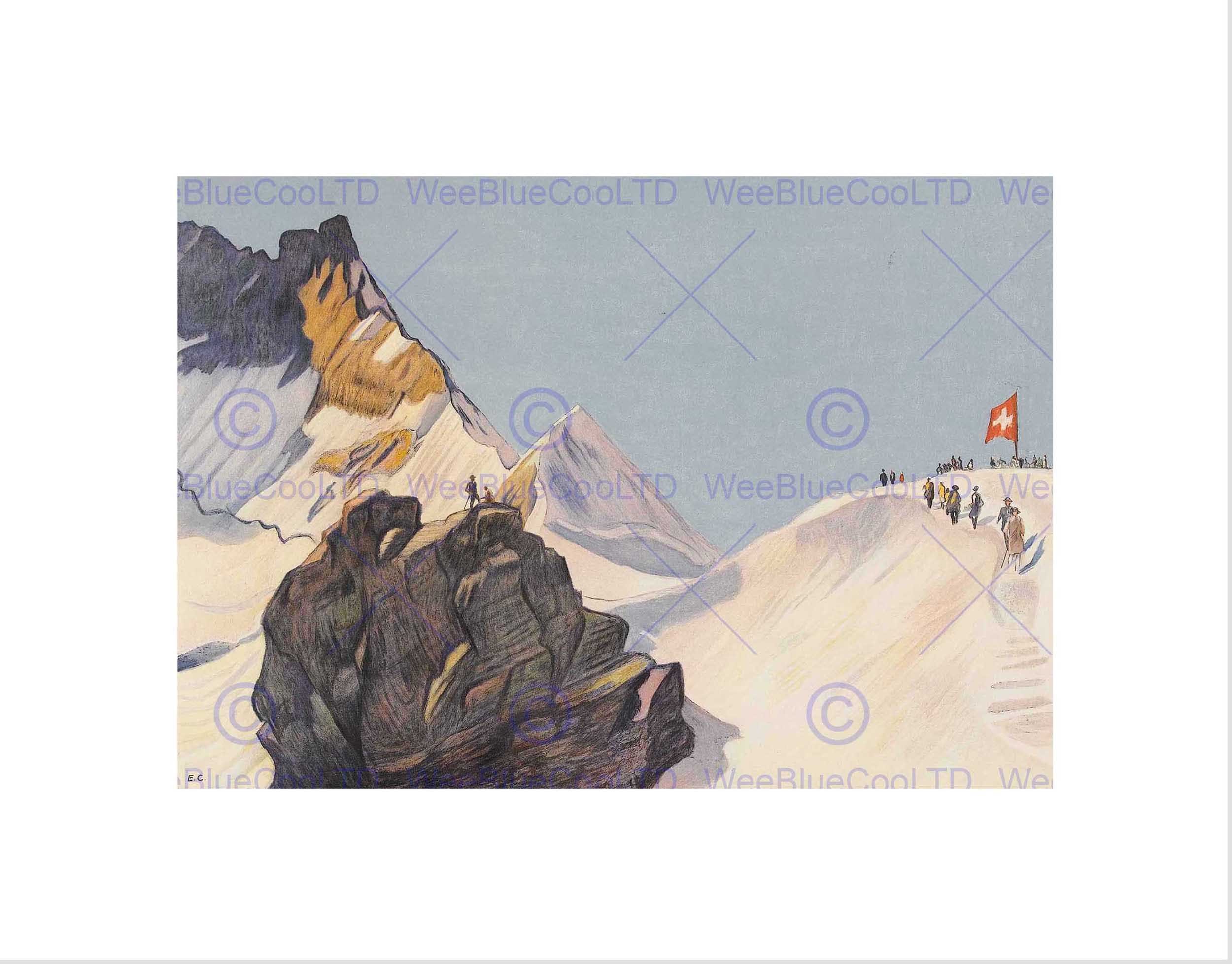 Wee Blue Coo PAINTING WINTER SCENE SWISS ALPS MOUNTAIN JUNGFRAU FLAG FRAMED PRINT B12X12457