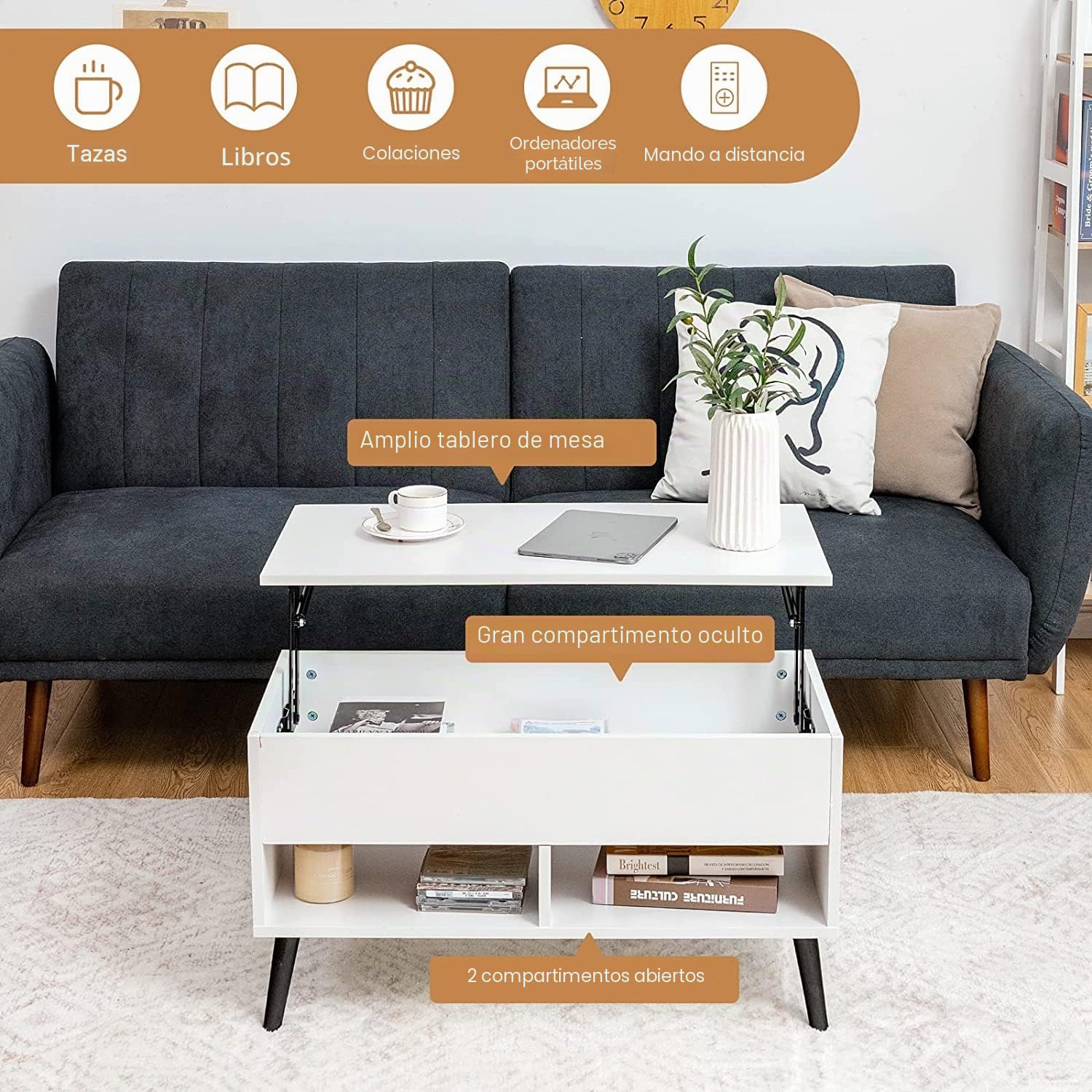 GOPLUS Mesa Baja elevable para Bar de Gas con Bandeja elevable, Mesa Baja con 1 Compartimento Oculto y 2 estantes Abiertos, Patas de Madera para salón, Dormitorio (Blanco)