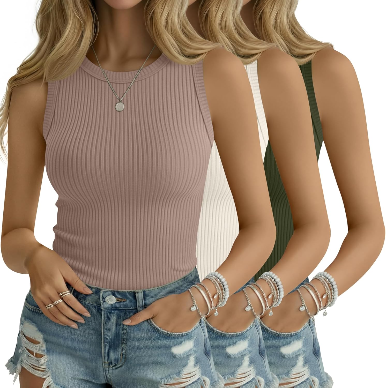 3 Pack Women's Ribbed Tank Tops Crew Neck Sleeveless Knit Tees Cotton Slim Fitted Basic Cami Shirts Tees