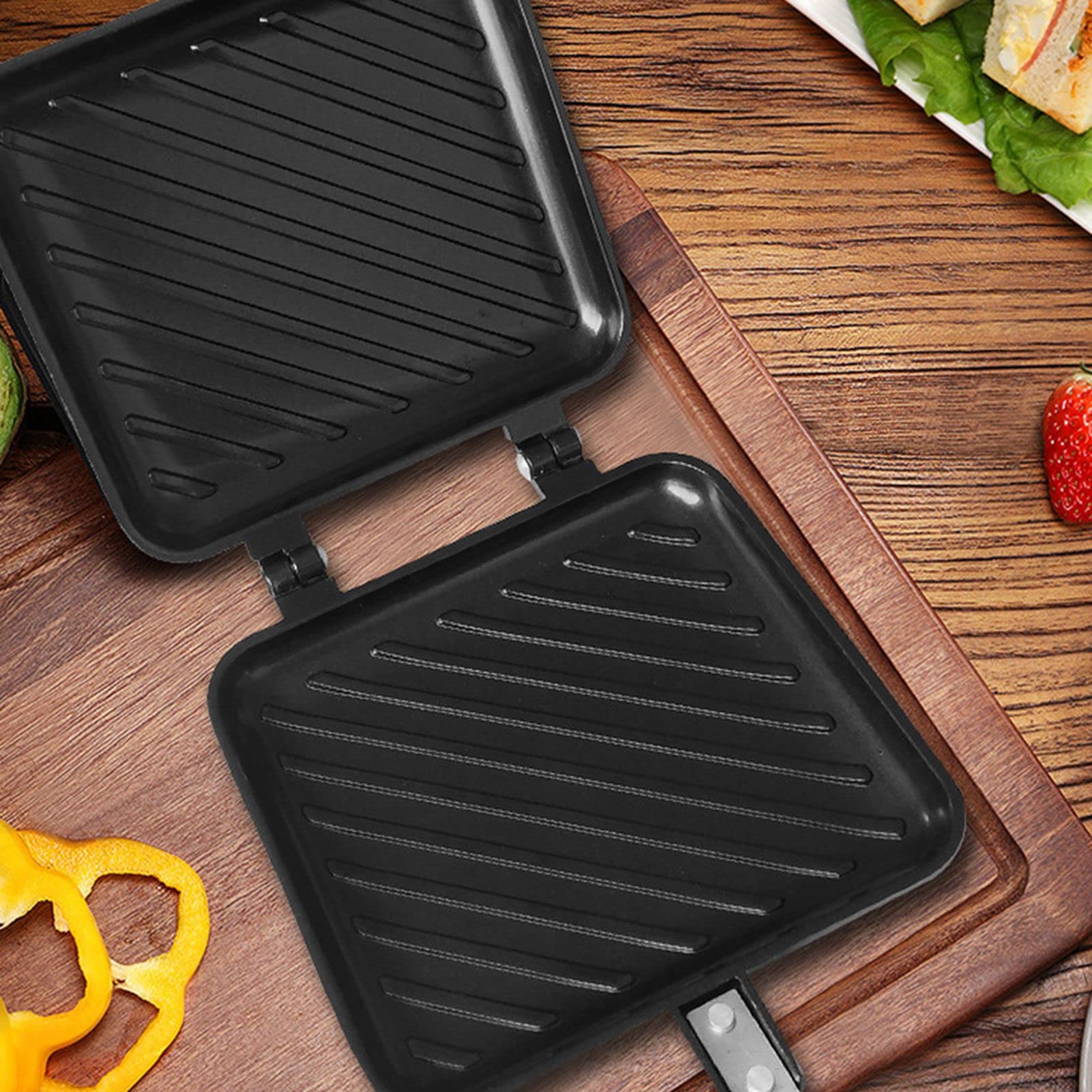Frying Pan, Double Sided Frying Pan, Aluminum Alloy Sandwich Pan Flat Bottom Nonstick Sandwich Panini Maker Pan for Toaster Breakfast Sandwich Maker Pan