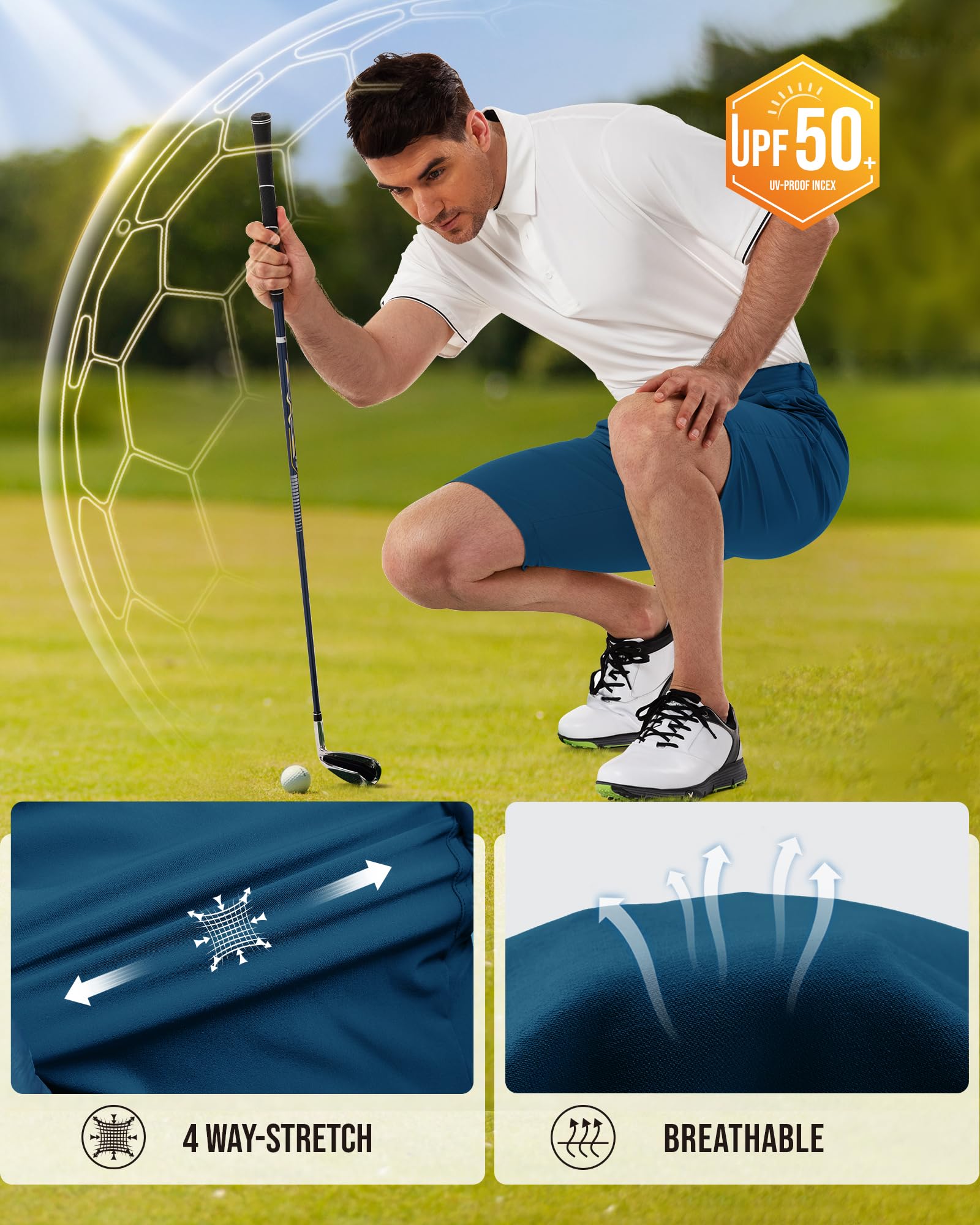 33,000ft Hommes Short de Golf, Short d'extérieur UPF 50+, Short de Randonnée Léger et Extensible à Séchage Rapide, Short de Golf Décontracté pour Homme d'affaires