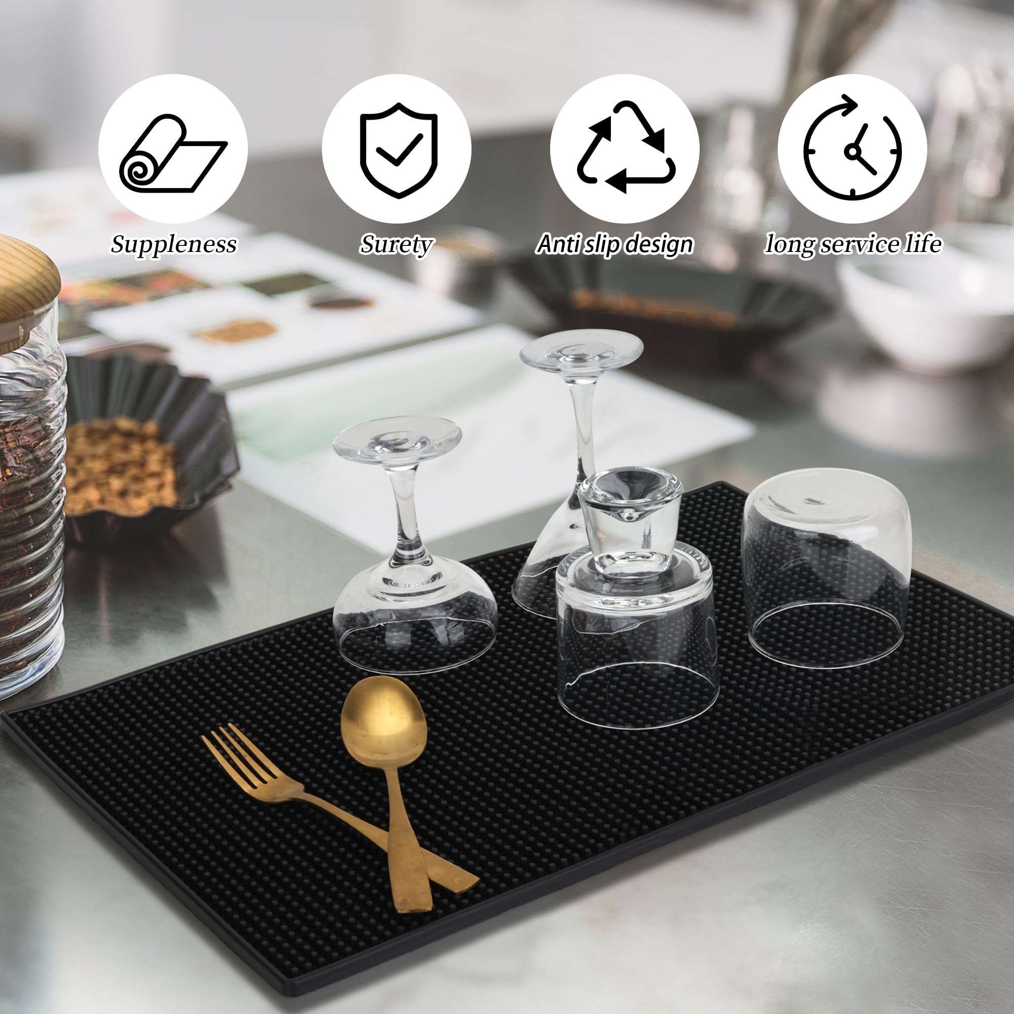 6 alfombrillas de goma para encimera de 45,7 x 30,5 cm, alfombrillas de silicona antideslizantes para bares, secado y derrames para restaurantes, color negro