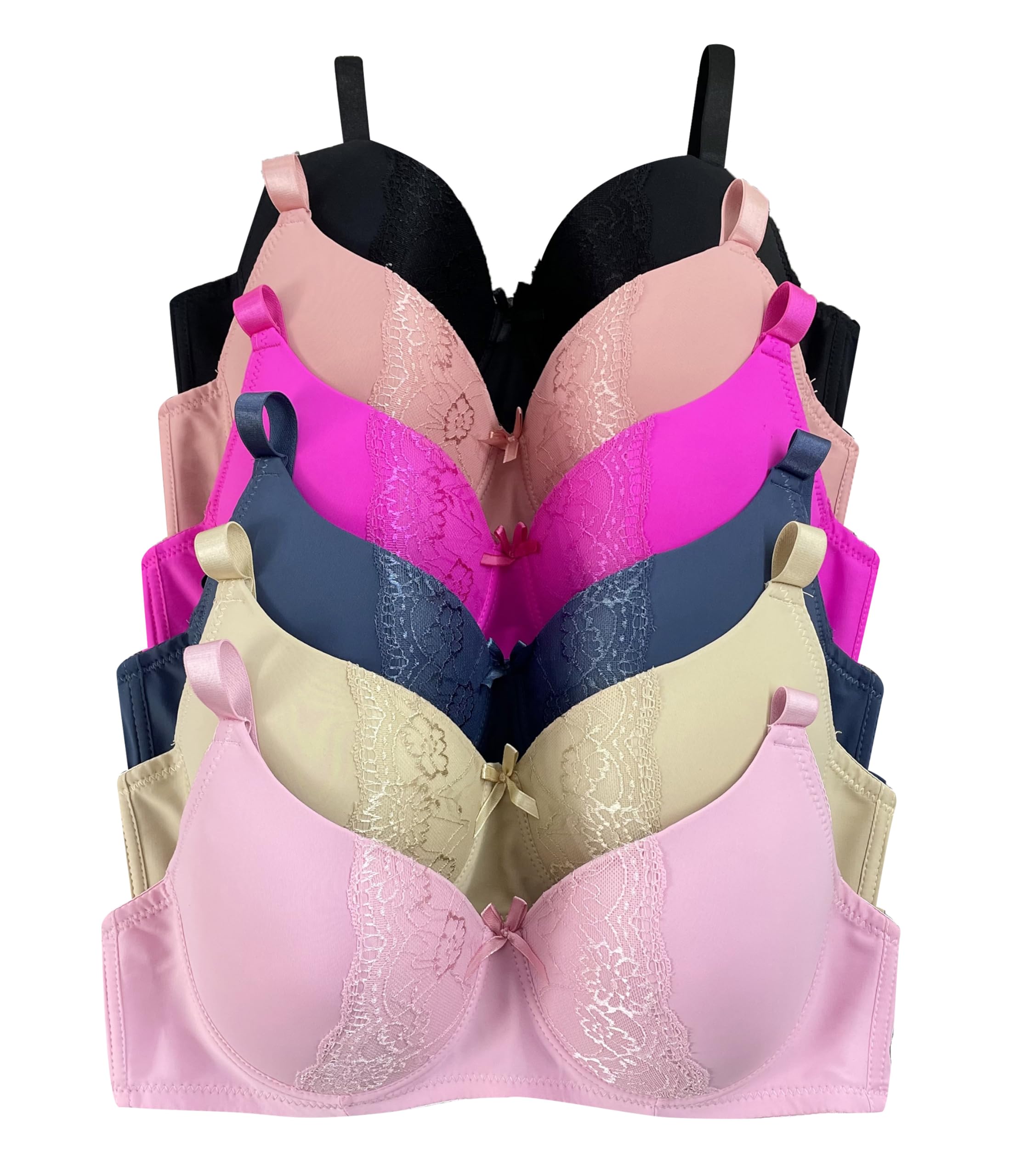 Viola's Secret 6 Pack of Color Print T-Shirt Bras B Cup C Cup and D Cup