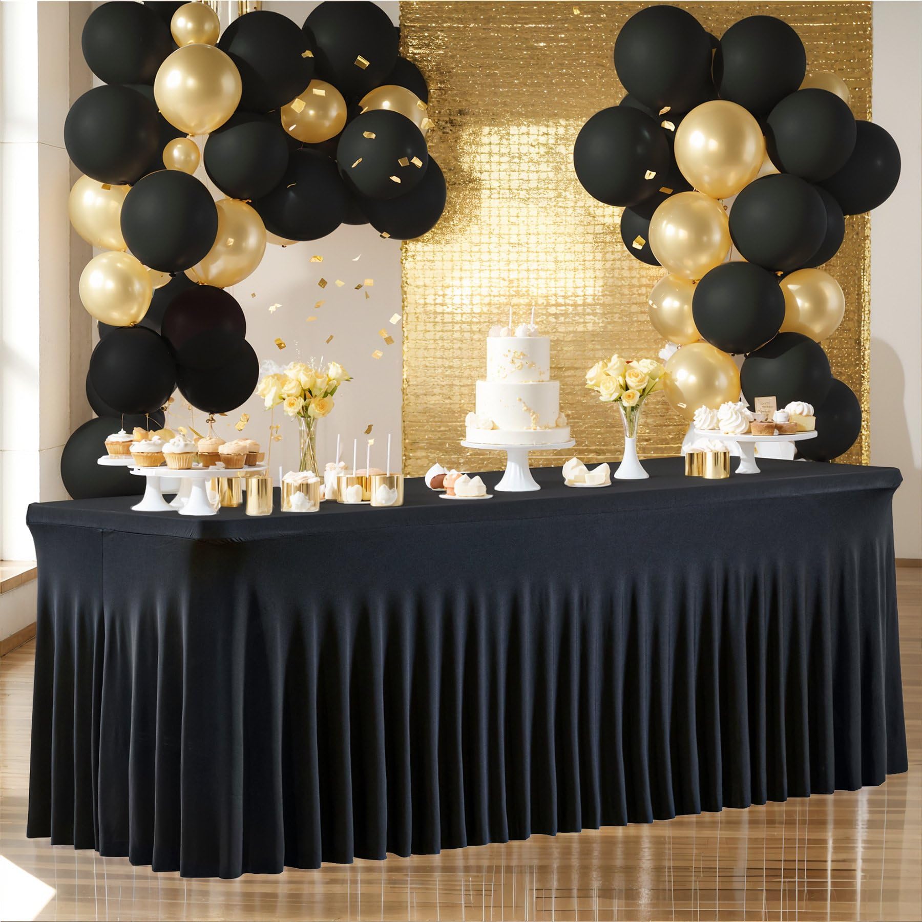Falda de Mesa de Spandex 4/6/8 pies, diseño Fruncido, Falda para Banquete, Fiesta, Boda, decoración de cumpleaños, Ideal para Eventos y reuniones (Negro, 4 pies (122 * 60 * 76 cm))