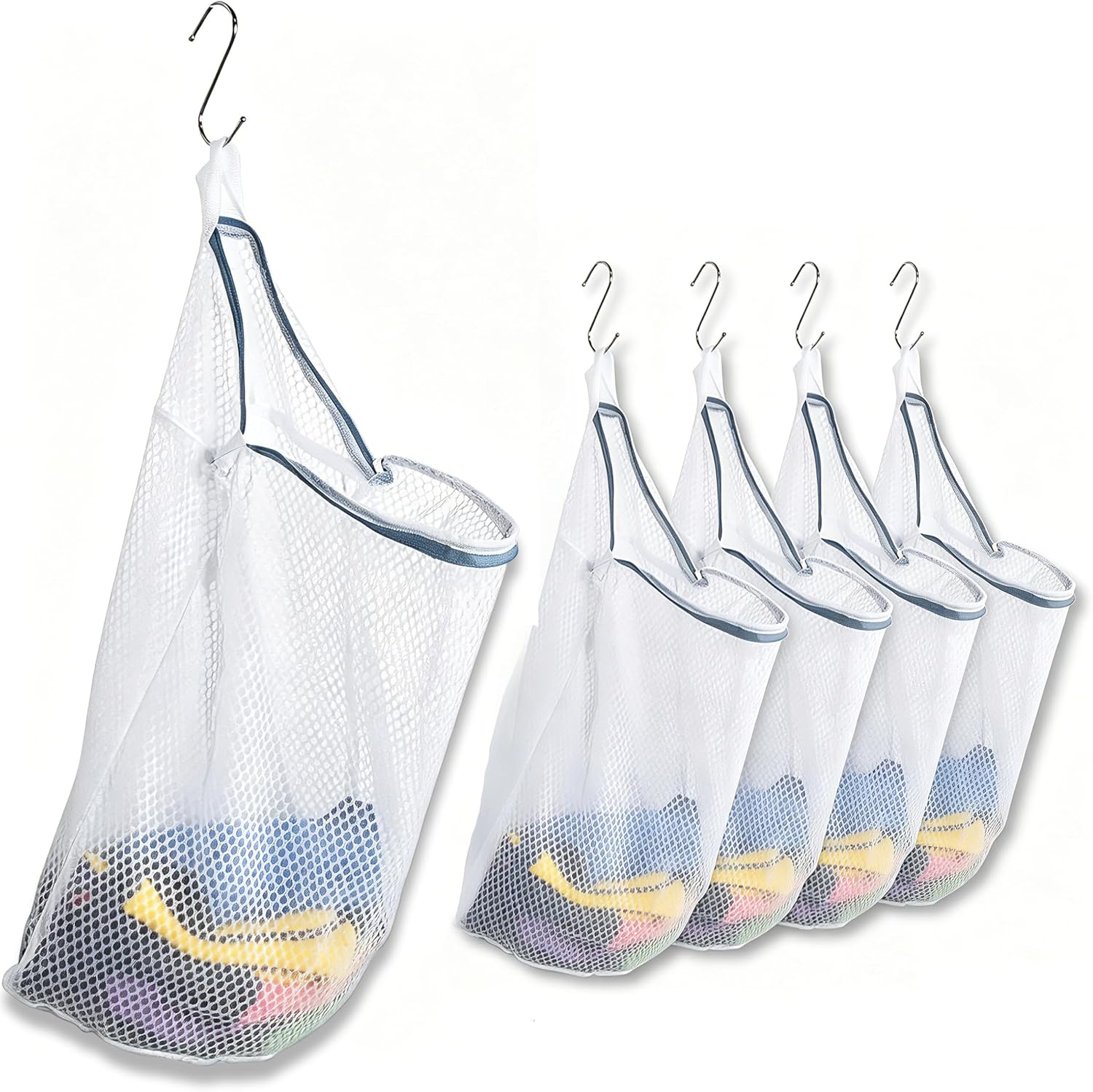 5Pcs Mesh Hanging Laundry Bags for Washing Machine, 15 X 12 inch Wash Bag for Clothes Delicates Lingerie with S Hooks