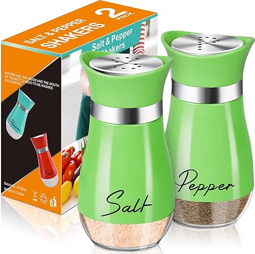 Juego de saleros y pimenteros, coctelera de sal y pimienta con fondo de vidrio de 4 onzas con tapa de acero inoxidable para mesa de cocina,