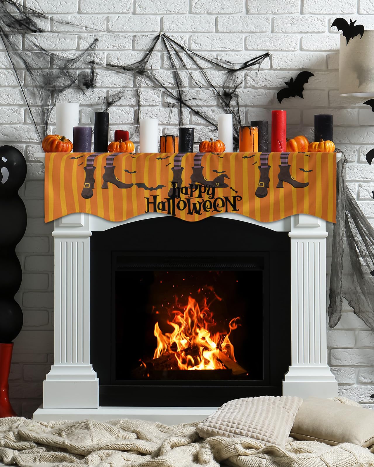 EwdeWwo Fall Mantel Scarf For Fireplace - Blue Leaf Pumpkin Wood Grain, 17 X 90 Inch, Thanksgiving & Autumn Decor - View #5