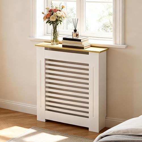 FATIVO Cubre Radiadores Blanco MDF: 78x20x92,5 cm con Estante Superior de Madera(Horizontal)