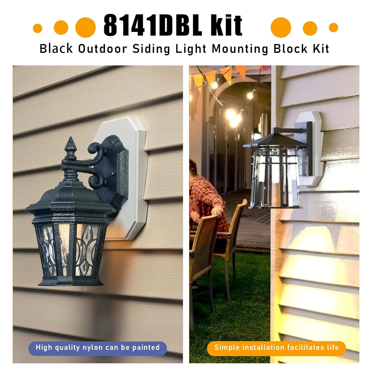 8141DBL Black Vinyl Outdoor Siding Lamp Mounting Blocks Kit with Built-in Electrical Box, fits for 1/2 inch Outdoor Lap Double and 4 inch Siding Mounting Kit, Black 1-Pack