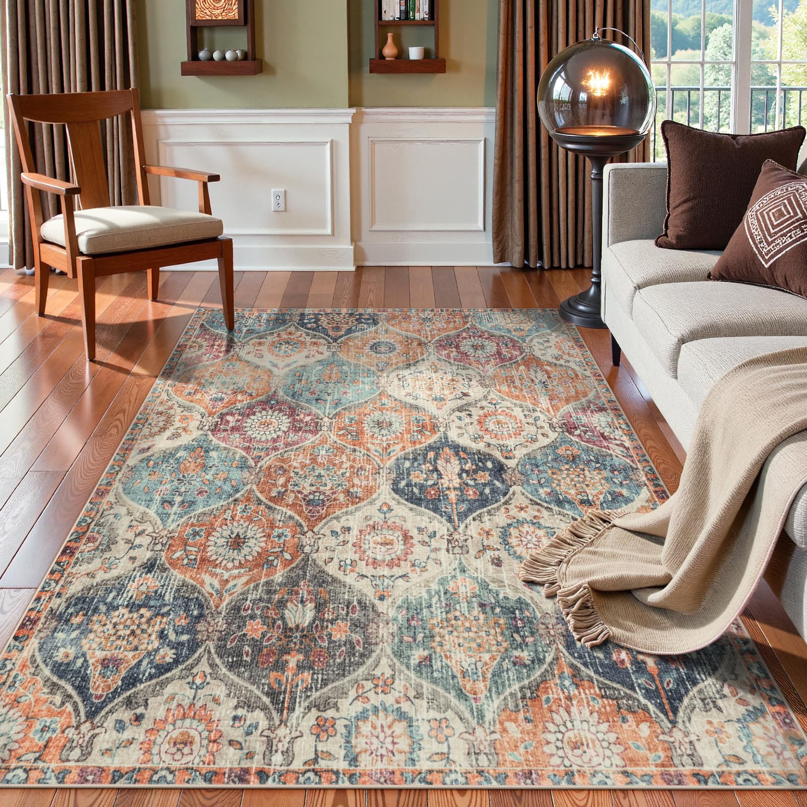 HAOCOO ラグ カーペット 洗える 140×200cm ホットカーペット対応 絨毯 モロッコ柄 ラグマット 1.5畳 ふわふわ オールシーズン適用 滑り止め 防ダニ 防臭 防音 リビング ダイニングマット アンティーク ペルシャ風 カラフル