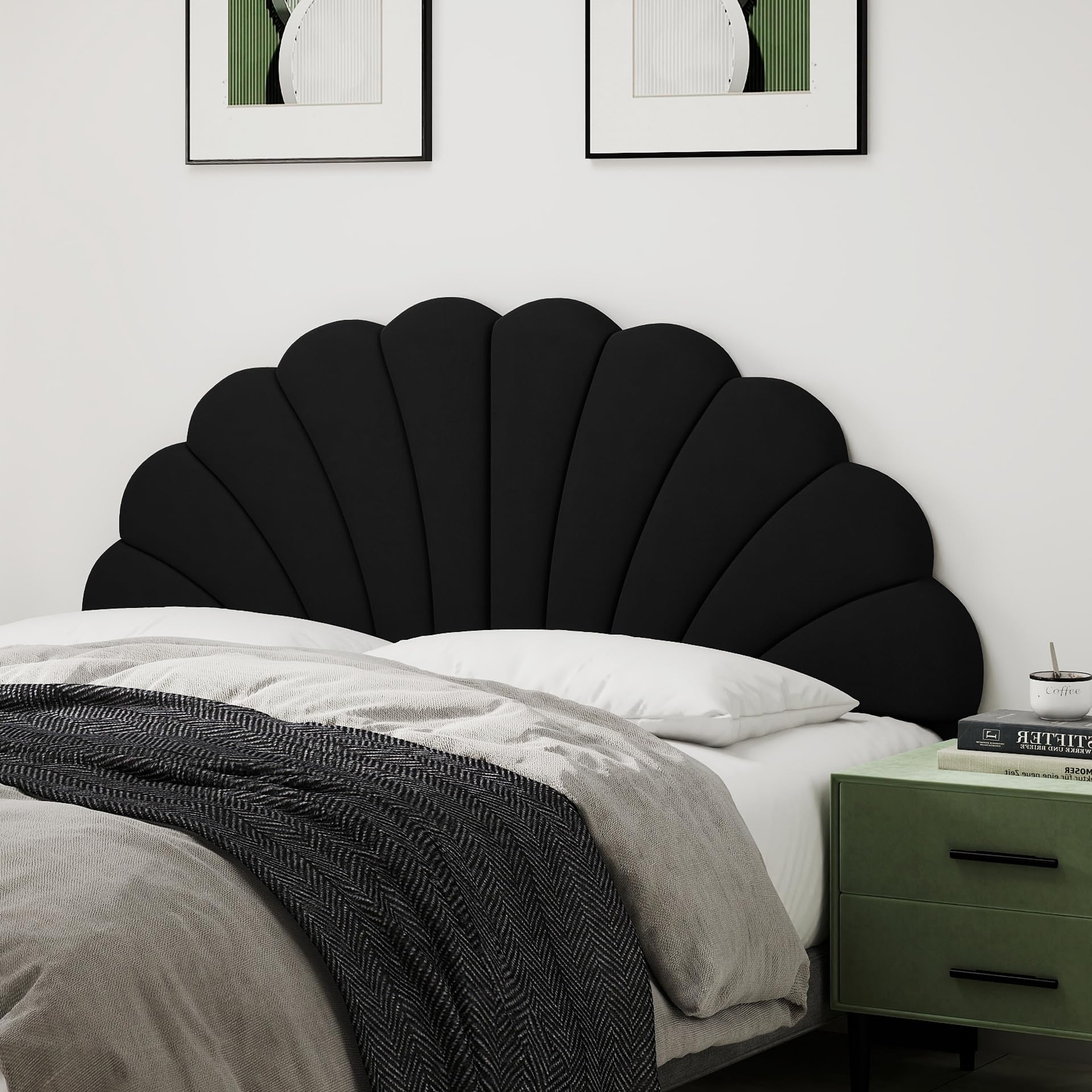 Befurtori Queen Size Headboard Only, Petal Wall Mount Headboard Queen/Full Size for Adjustable Bed Velvet Upholstered Head Board Easy Assembly, Black