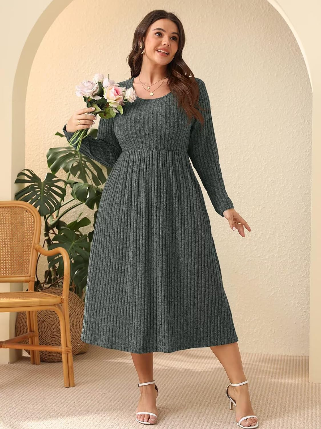BELAROI Plus Size Sweater Dresses for Curvy Women Long Sleeve Maxi Dress Midi Fall Winter Outfits Scoop Neck Lighweight - Image 4