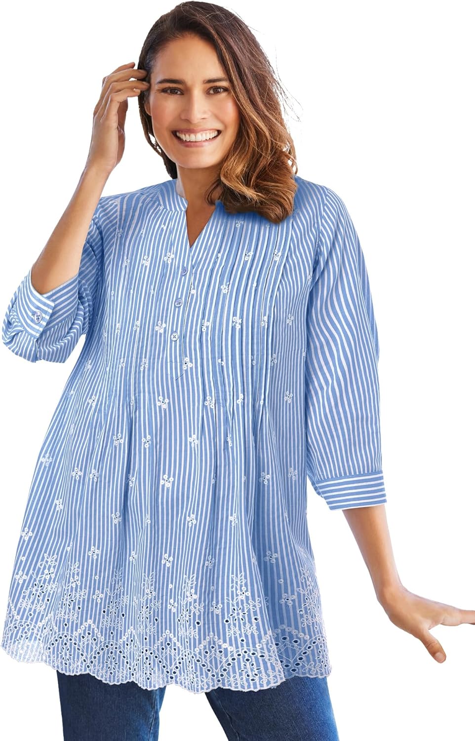 Woman Within Plus Size Embroidered Pintuck Tunic