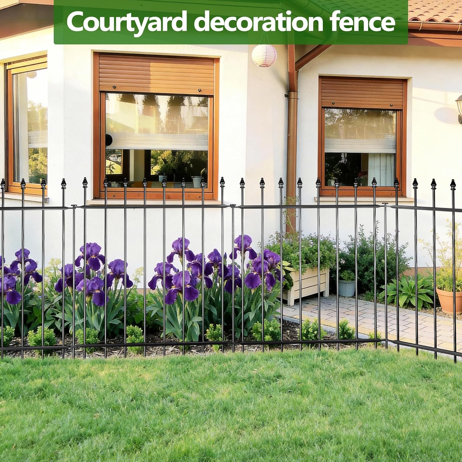 Decorative Metal Garden Fence，(10 Panels+ 11 Posts), Total Iength24 ft(W) x 32 in(H), High Metal Border Fence, Classic Roman Column Decoration, Garden and Lawn Landscape Fence, Black Animal Fence
