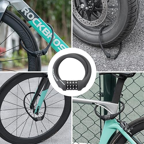 Miniatura 7 de ROCKBROS Candados de cable de bloqueo de bicicleta con combinación antirrobo, combinación de 4 dígitos, cerradura de bicicleta ligera para