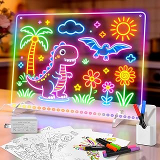 LED Drawing Board for Children- 8 Colour LED Drawing Pad for Kids, Reusable Doodle Board with 7 Markers & 6 Light Effects, Sensory Toys for Home School Travel, Birthday Gift