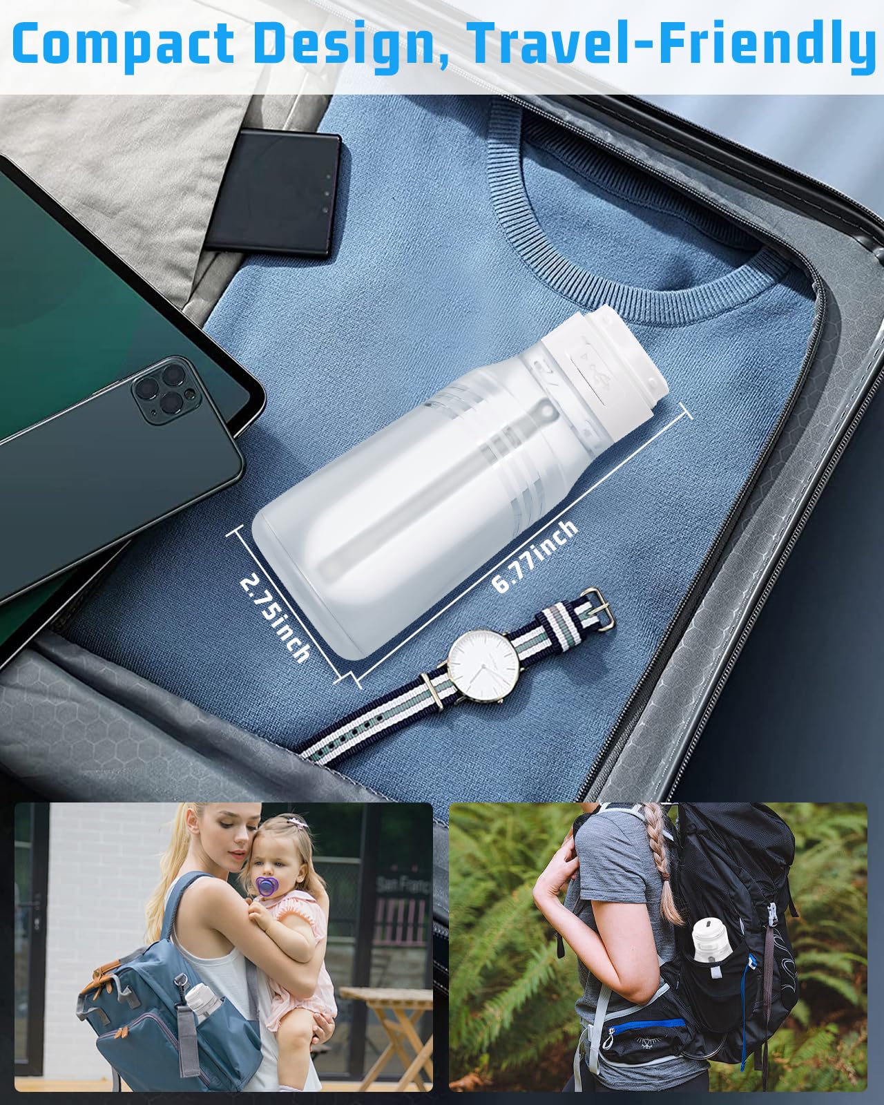 Bidet portatile da viaggio con bottiglia da 400 ml, 3 modalità di pressione | Bidet elettrico ricaricabile da viaggio, spruzzatore portatile impermeabile per bidet per donne uomini pulizia del bambino
