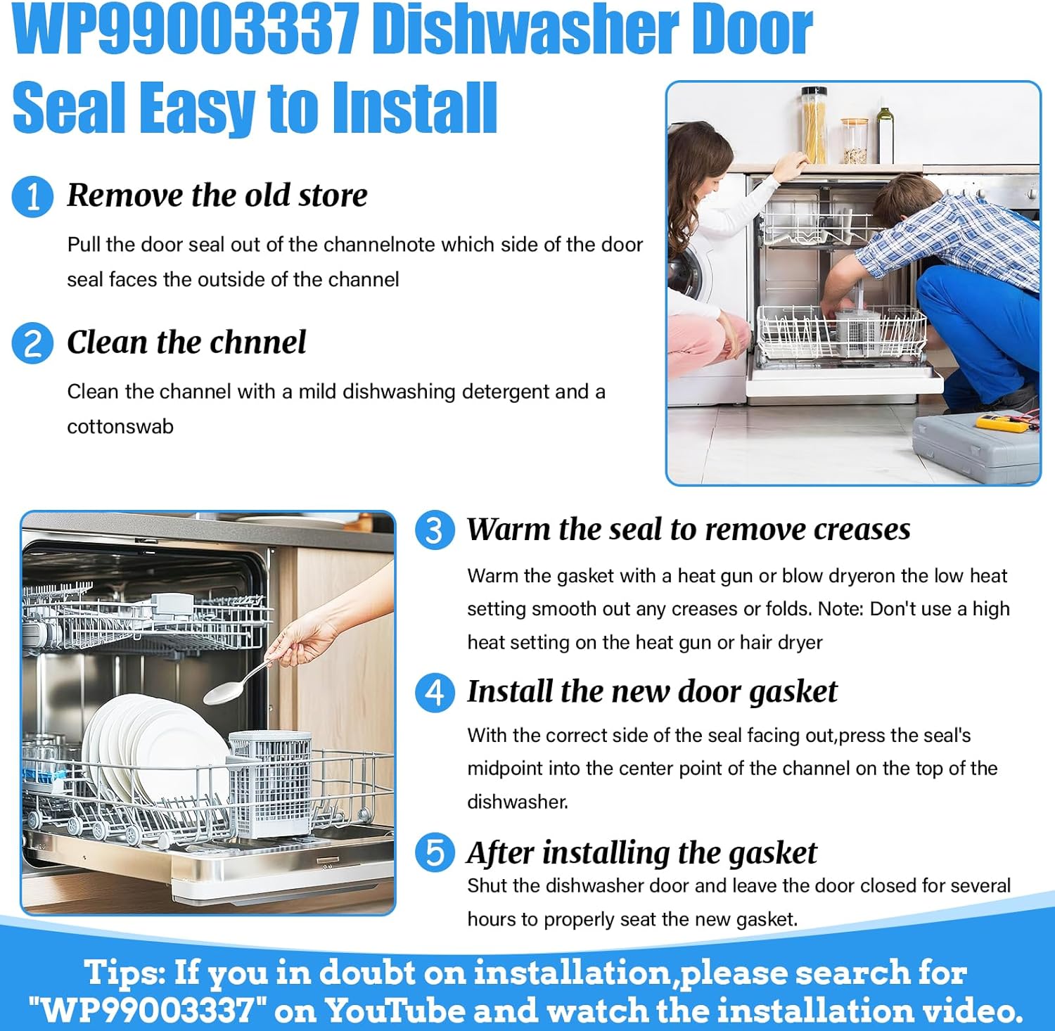 UPGRADED WP99003337 Dishwasher Gasket Door Seal Compatible with Whirlpool Maytag Jenn-Air Amana Dishwasher Part 99003337 99003030 1132005 AP6014531 MDB8551AWW Whirlpool Dishwasher Tub Gasket Door Seal