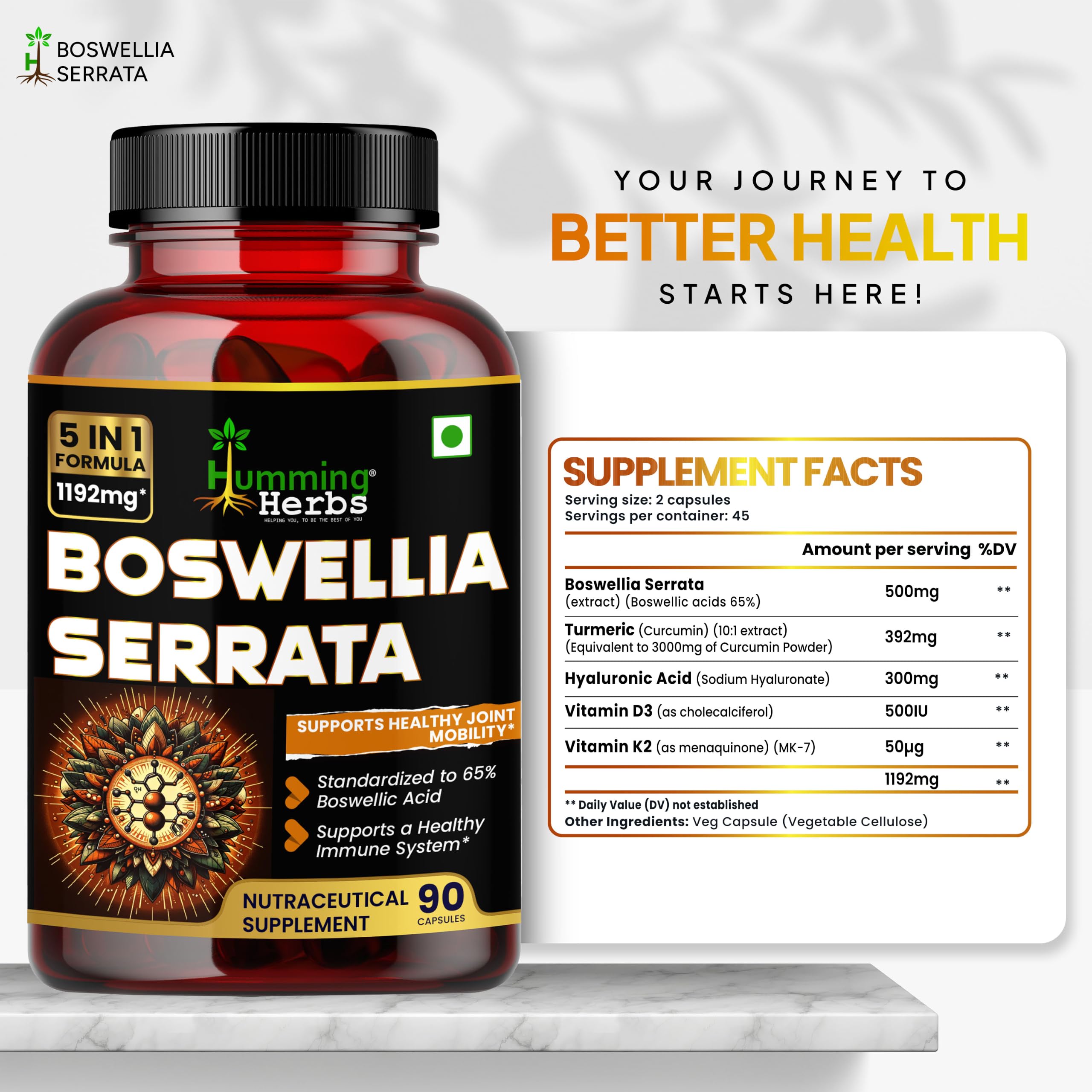 Humming Herbs Boswellia Serrata With Vitamin D3 & K2 90 Veg Capsules — Amazon image 3