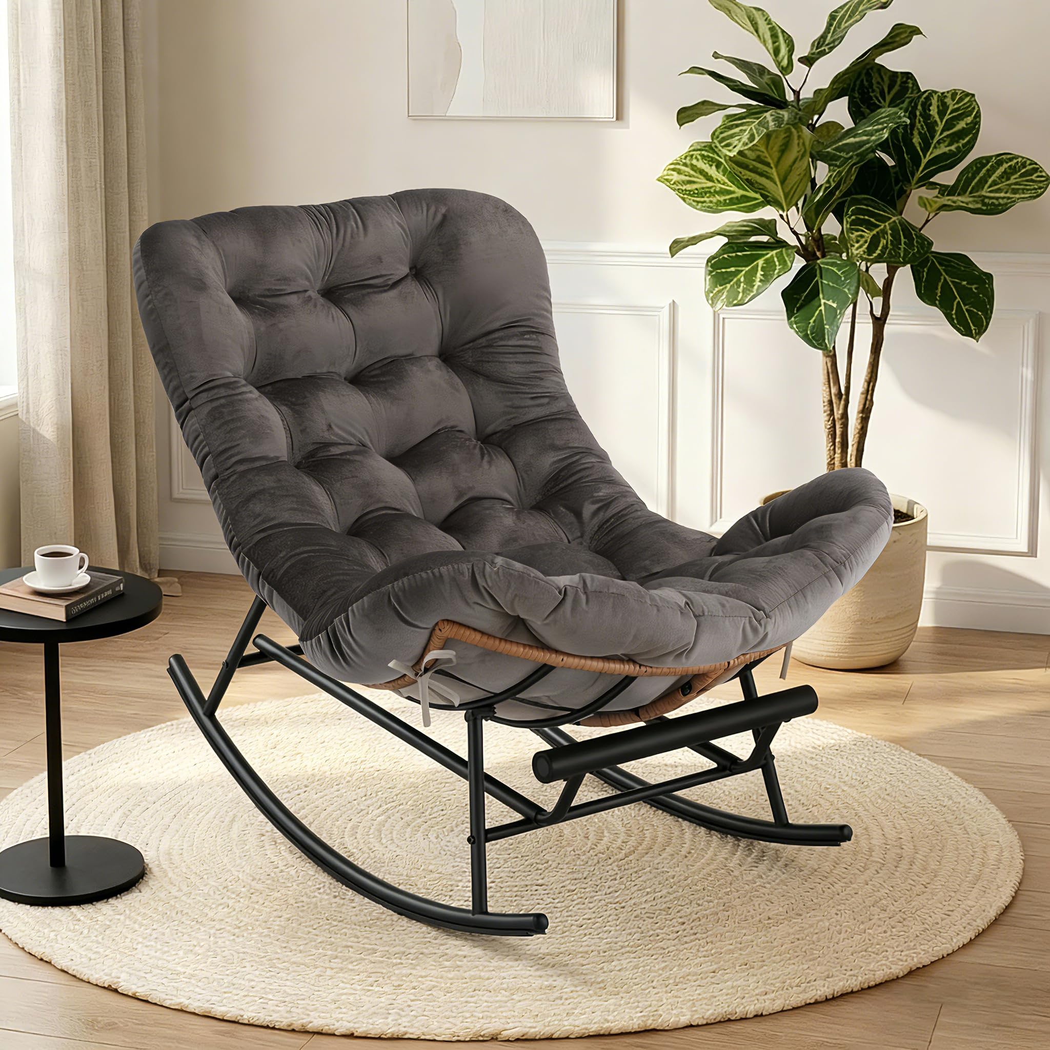 GarveeHome Indoor Papasan Rocking Chair, Rattan Rocker with Extendable Footrest & Detachable Flannel Cushion, 352lbs Sturdy Large Reading Lounge for