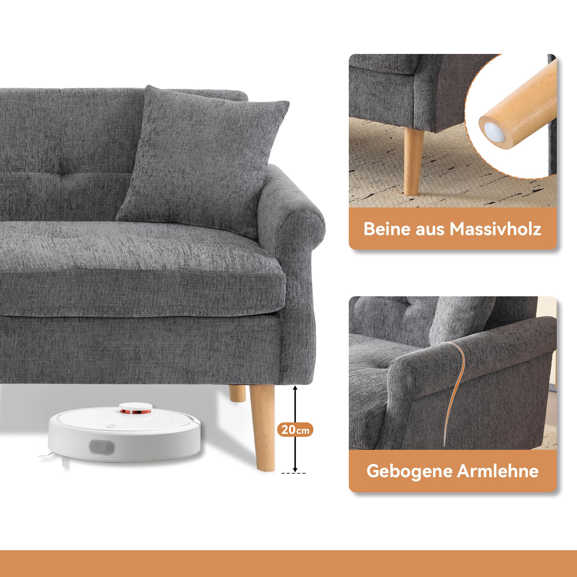 Modern Sofa mit Dicken Kissen, Doppelsofa mit Sofa-Beine aus Massivholz, Loveseat für Wohnzimmer, Schlafzimmer, Wohnung usw. Chenille, Grau-A, 162x74x77 cm
