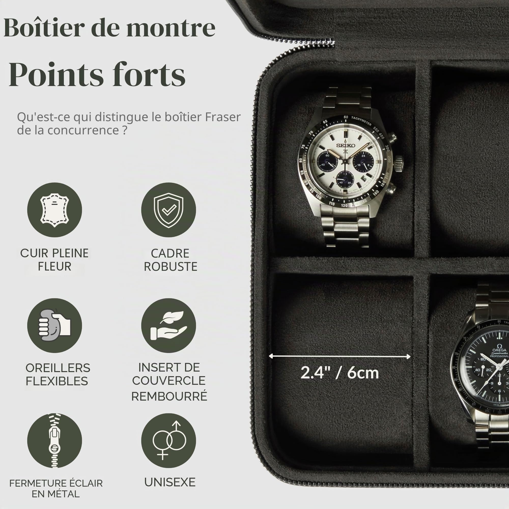 TAWBURY Boîte à Montre - Coffret en Cuir Véritable à 6 Compartiments en Grain Supérieur pour Homme & Femme avec Coussins Extra Larges pour Montres de Grande Taille - Rangement Portable pour Montre de