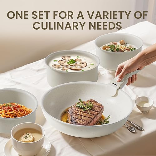 Miniatura 5 de Simple Deluxe Juego de 12 ollas y sartenes antiadherentes, utensilios de cocina de inducción de granito blanco con mango desmontable, apto